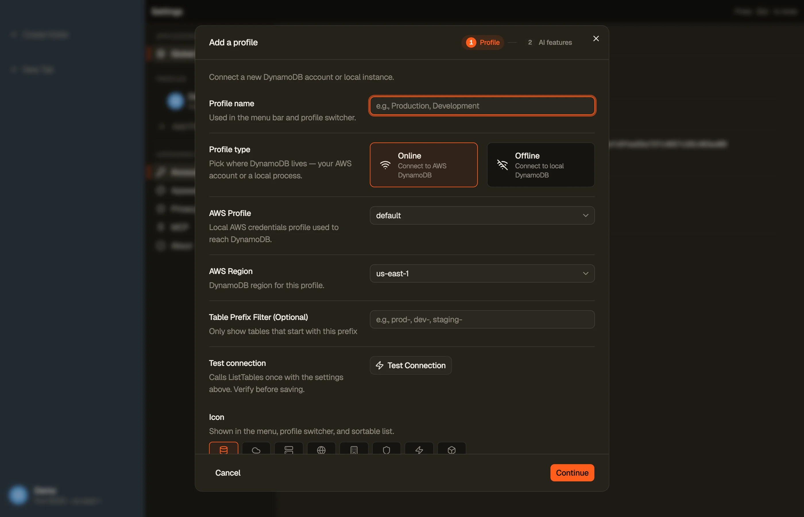 The Add Profile dialog: name, AWS profile, default region, colour and icon.