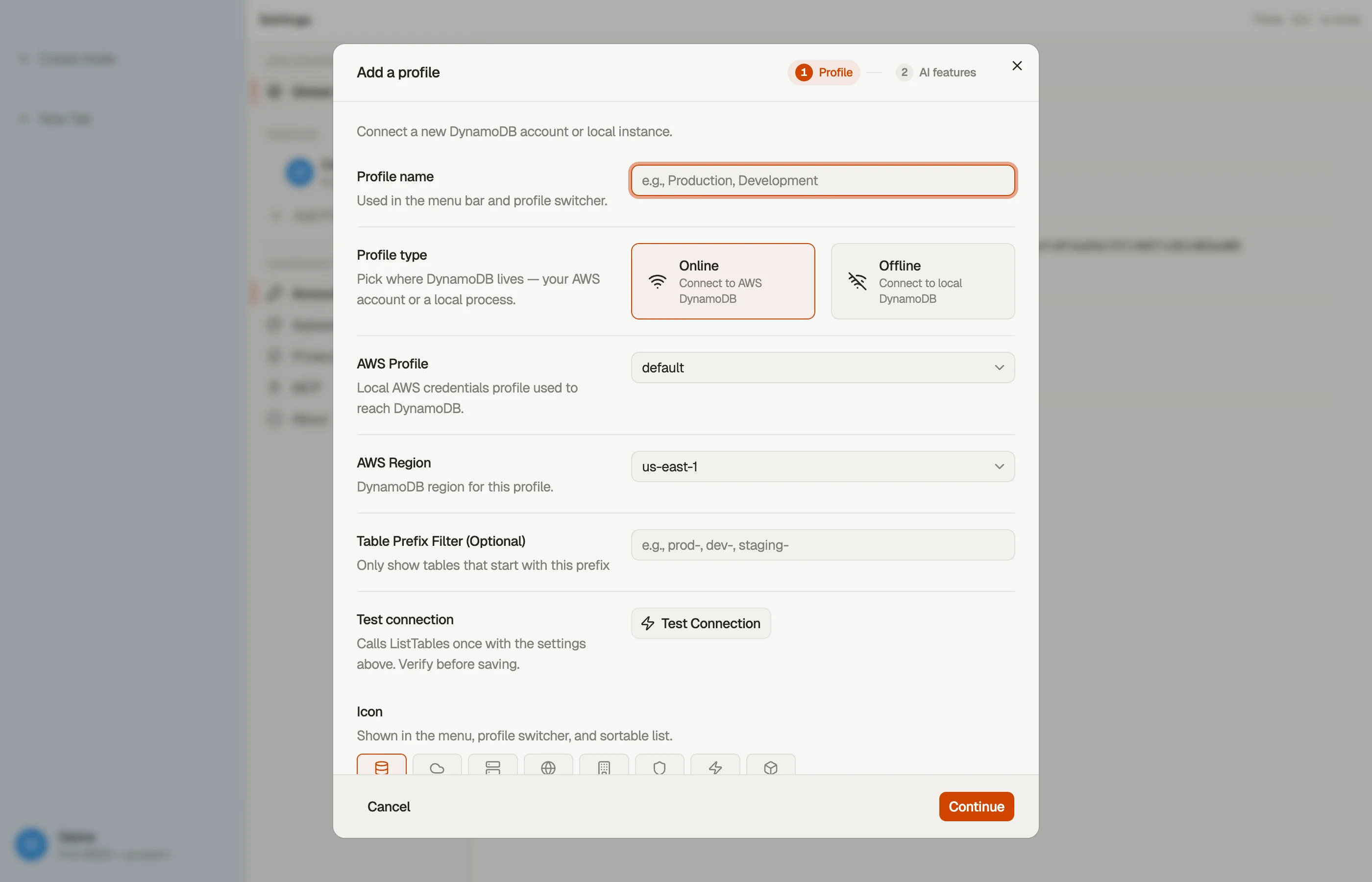 The Add Profile dialog: name, AWS profile, default region, colour and icon.