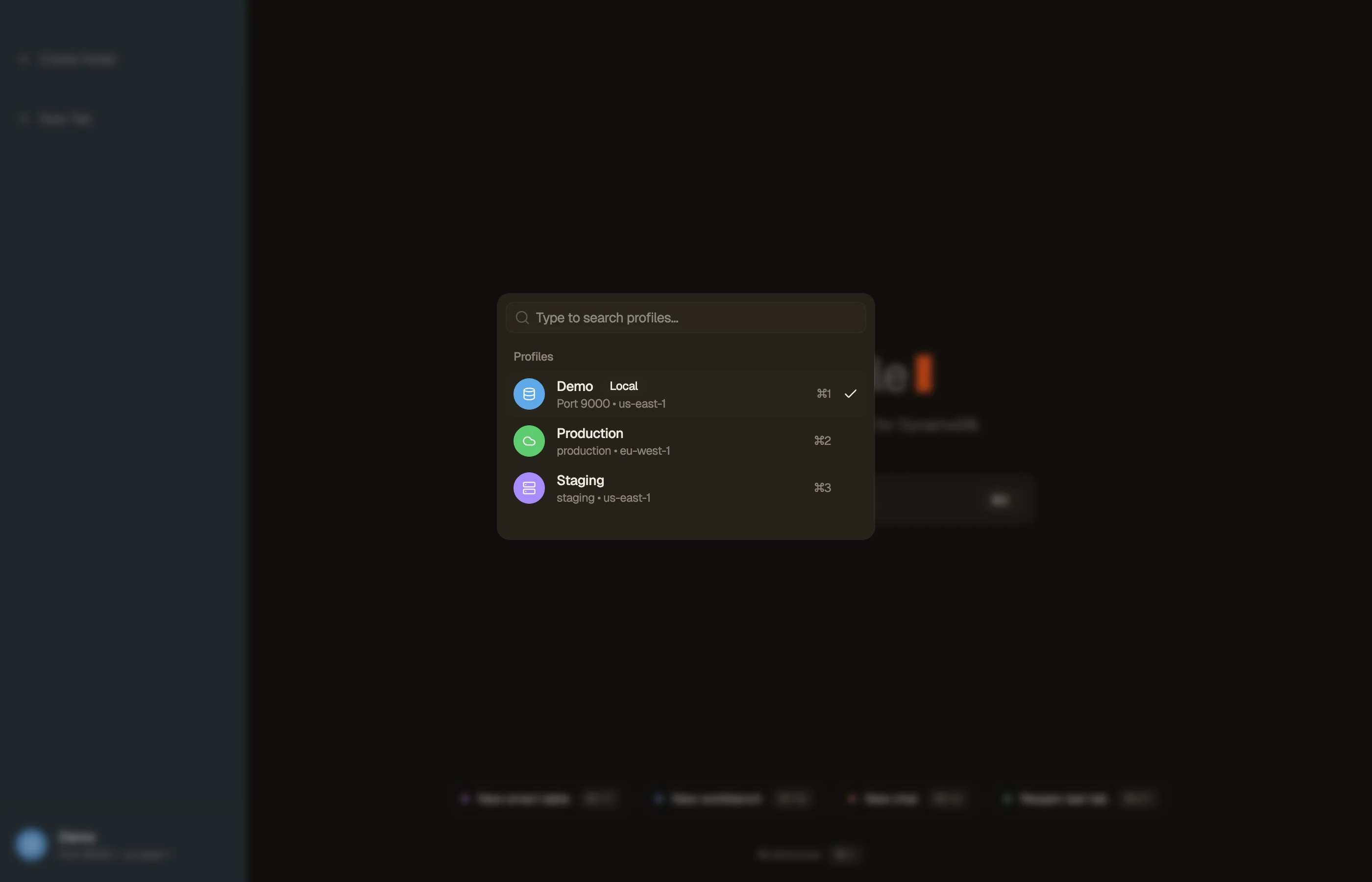 The ⌘P profile switcher listing profiles with their credential status dots.