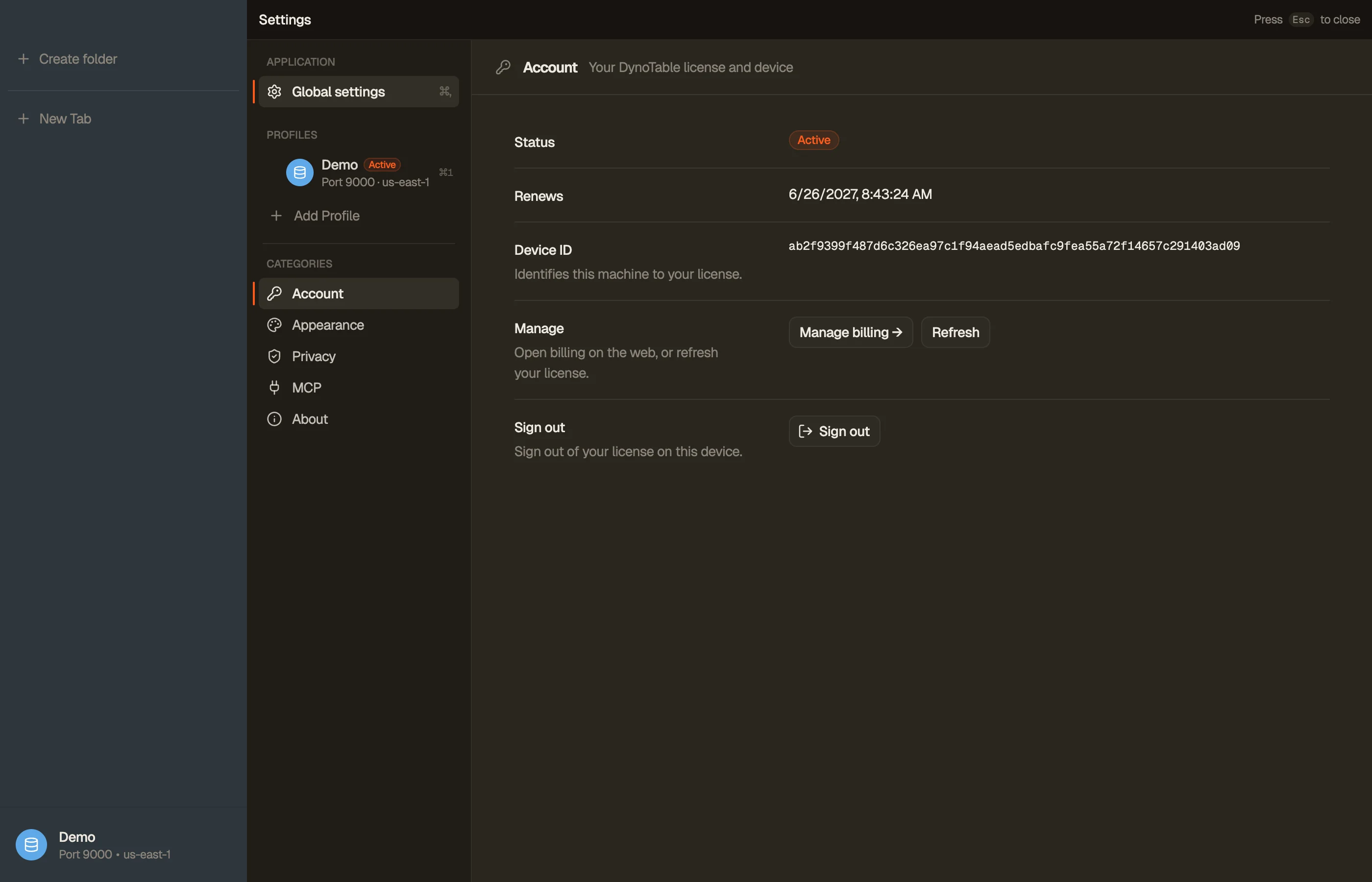 DynoTable's Account settings showing this machine's license status, renewal date, and device ID.