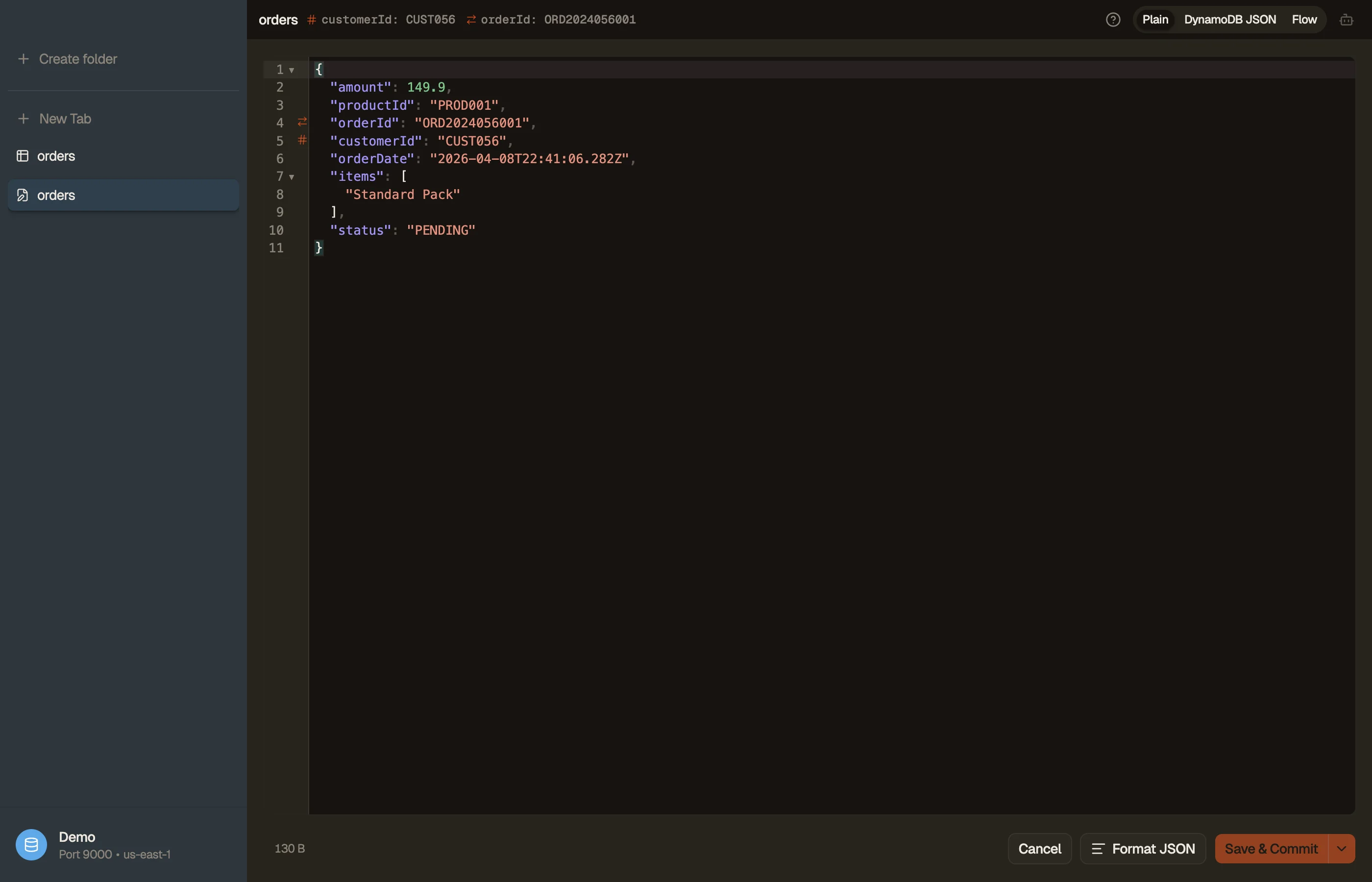 The item editor with the JSON buffer, mode toggle, and save controls.