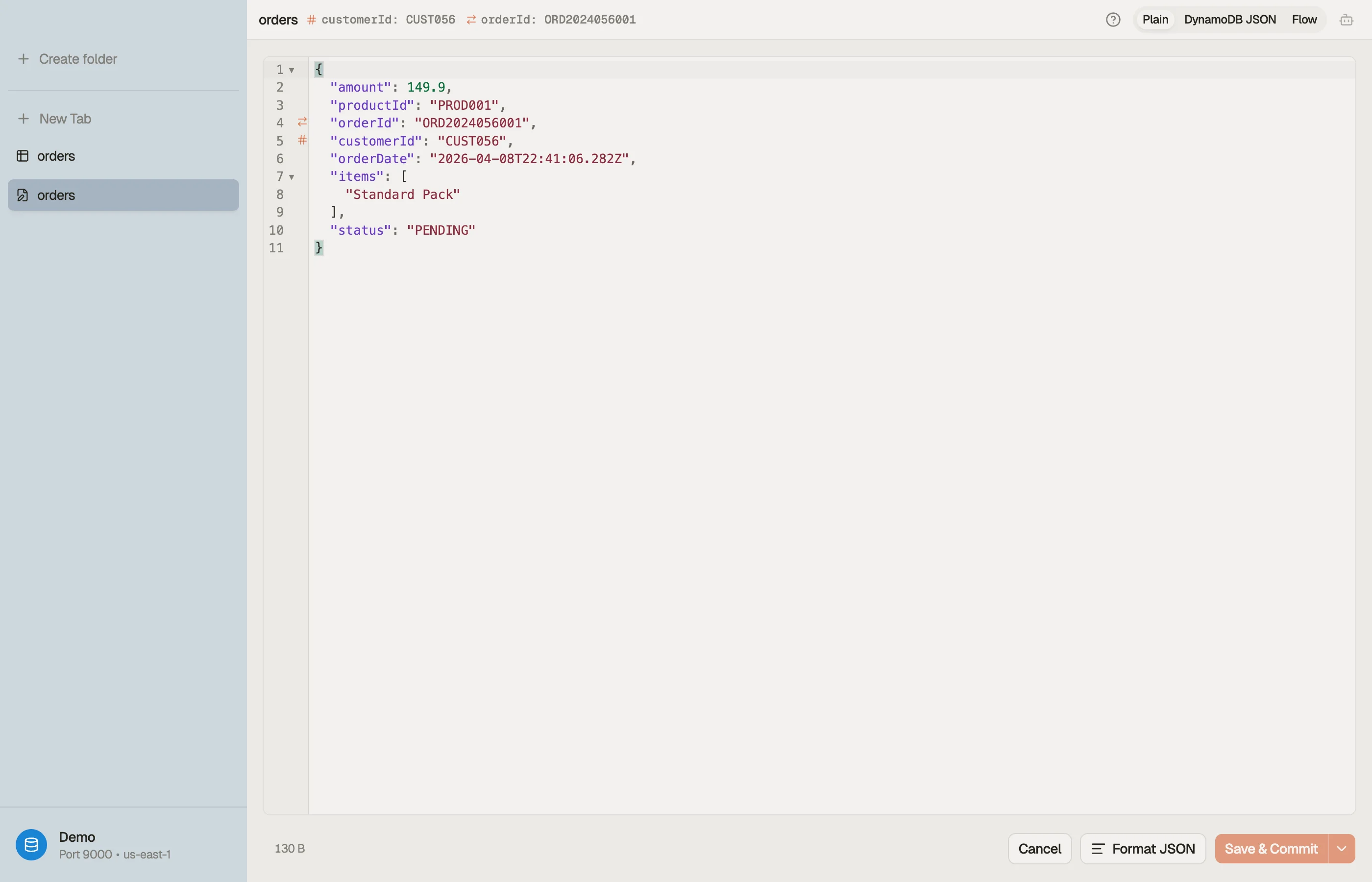 The item editor with the JSON buffer, mode toggle, and save controls.