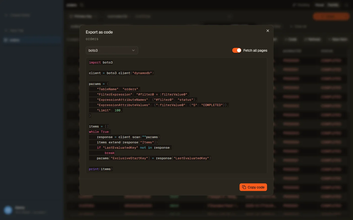 DynoTable's Export as code dialog: a visual DynamoDB query rendered as a runnable boto3 program, with the target selector and the pagination toggle.