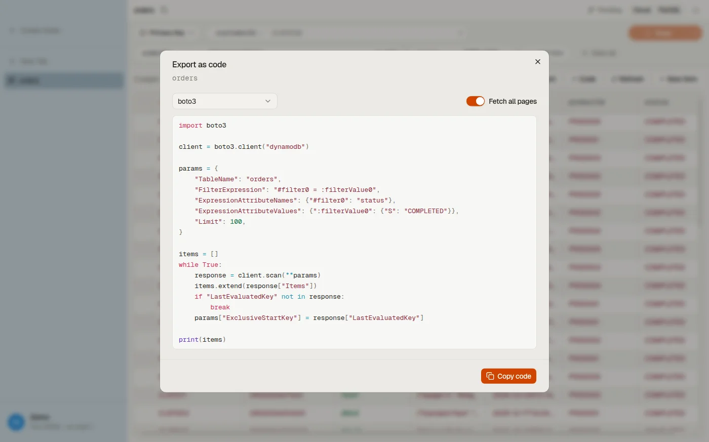 DynoTable's Export as code dialog: a visual DynamoDB query rendered as a runnable boto3 program, with the target selector and the pagination toggle.