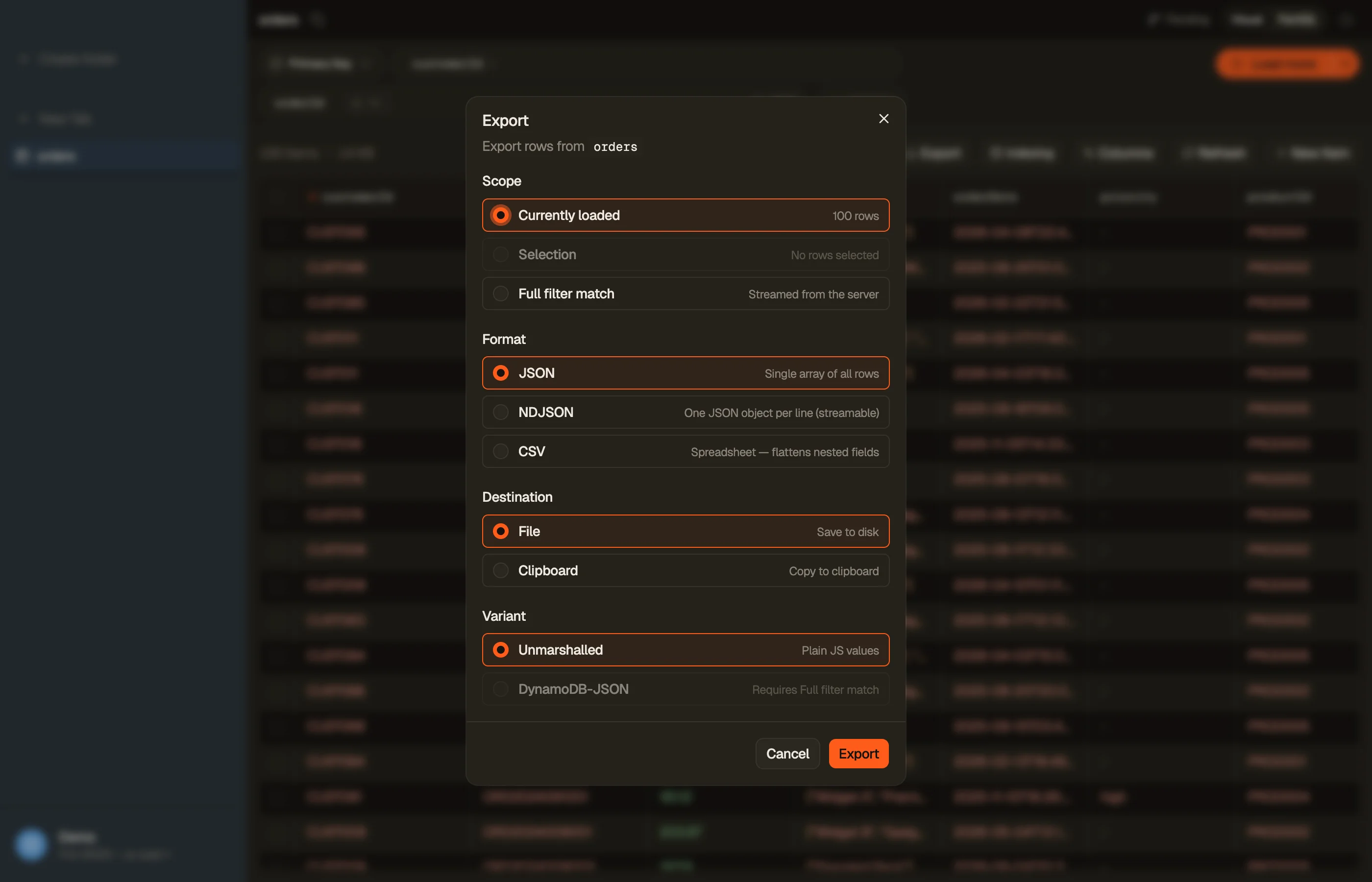 The export dialog: format, scope, and destination.