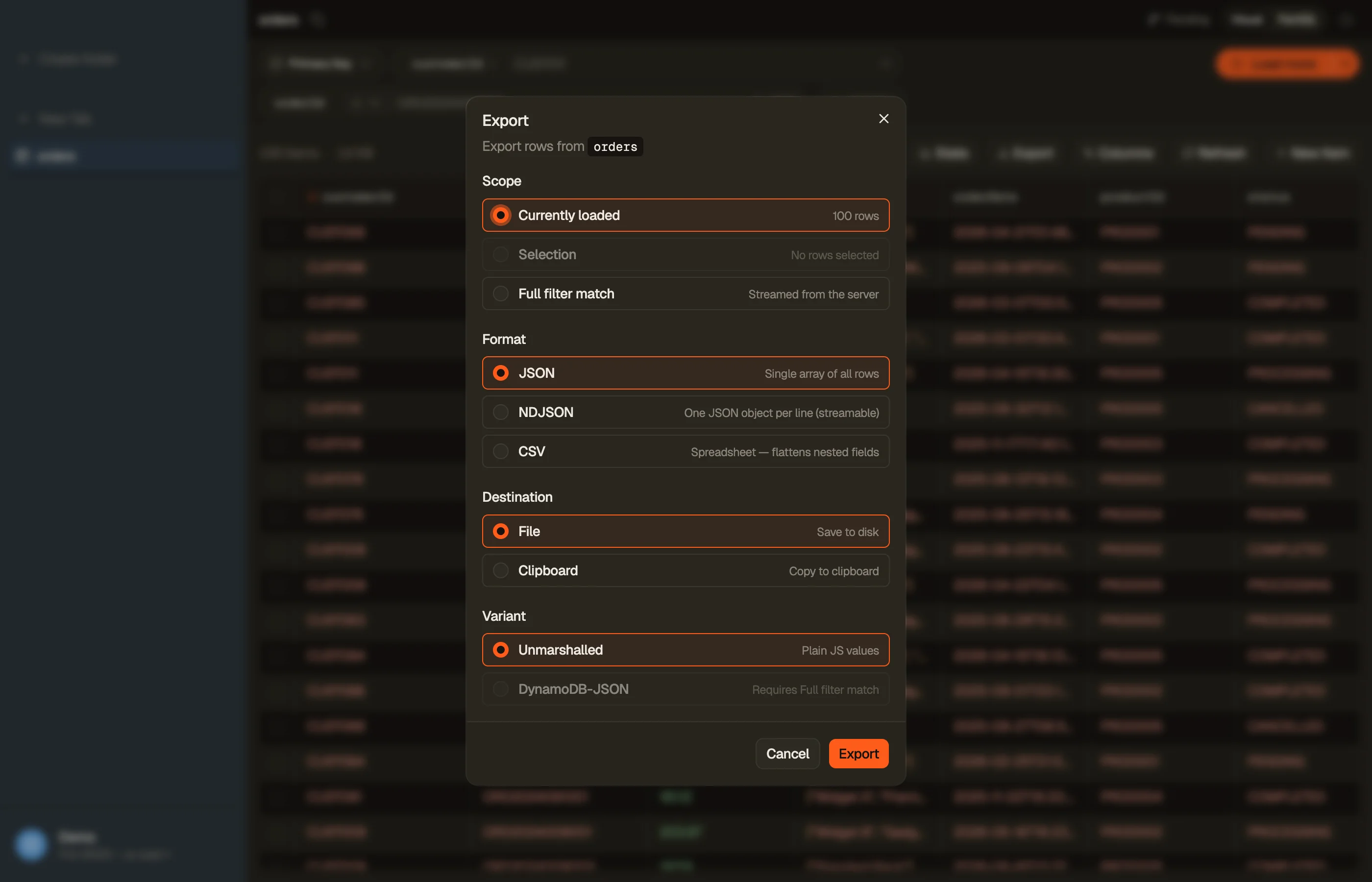 The export dialog: format, scope, and destination.