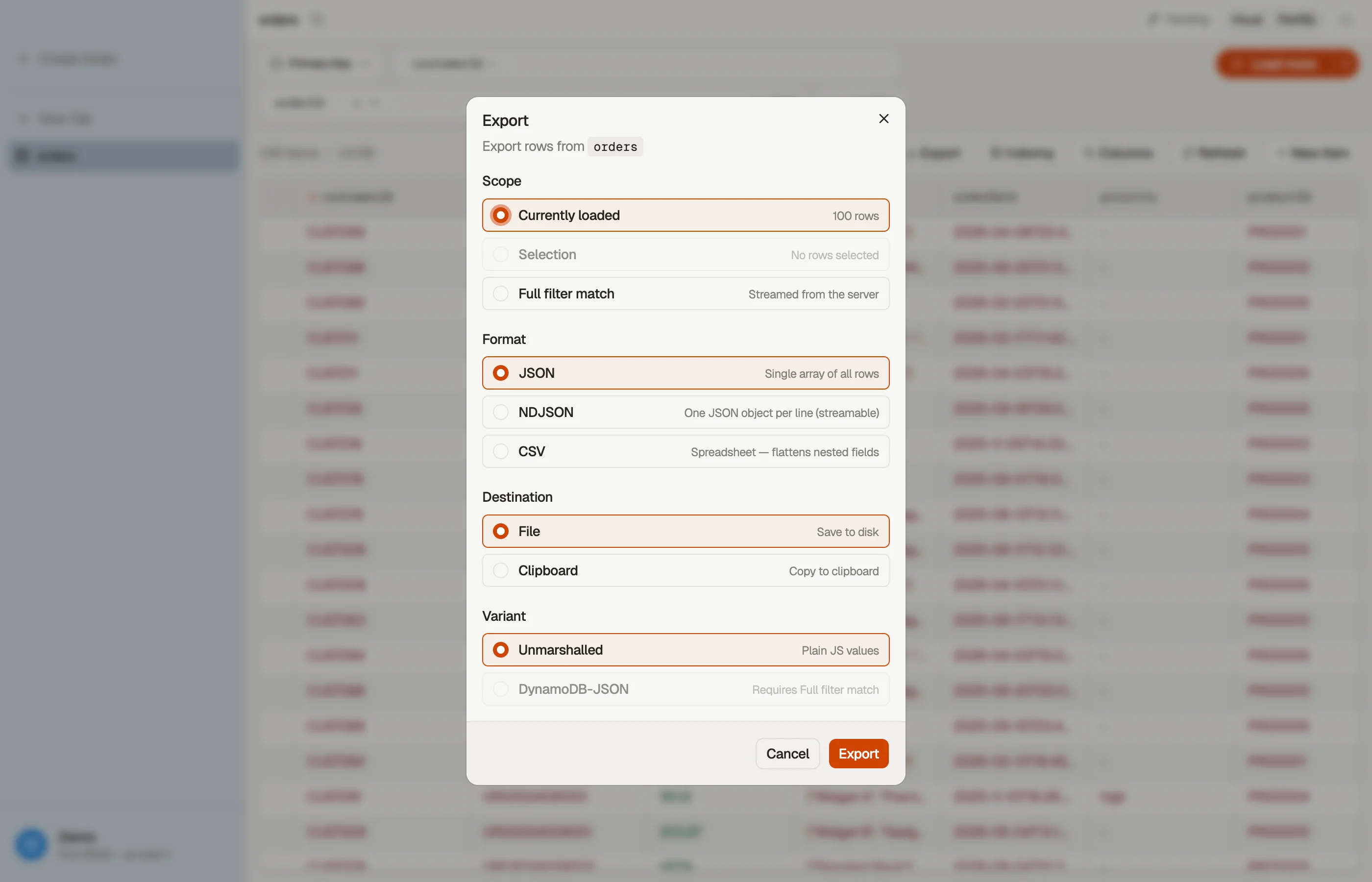 The export dialog: format, scope, and destination.