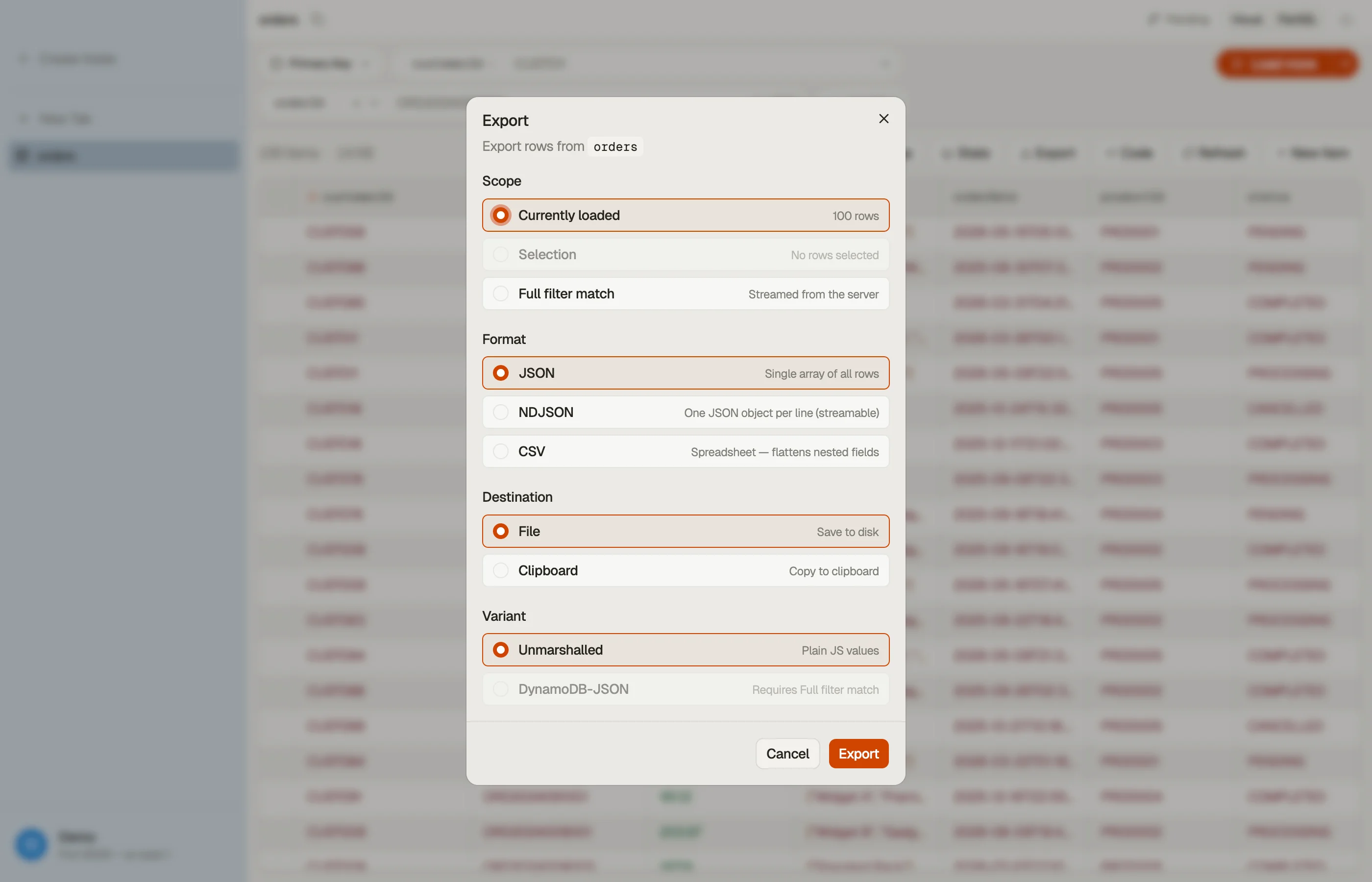 The export dialog: format, scope, and destination.