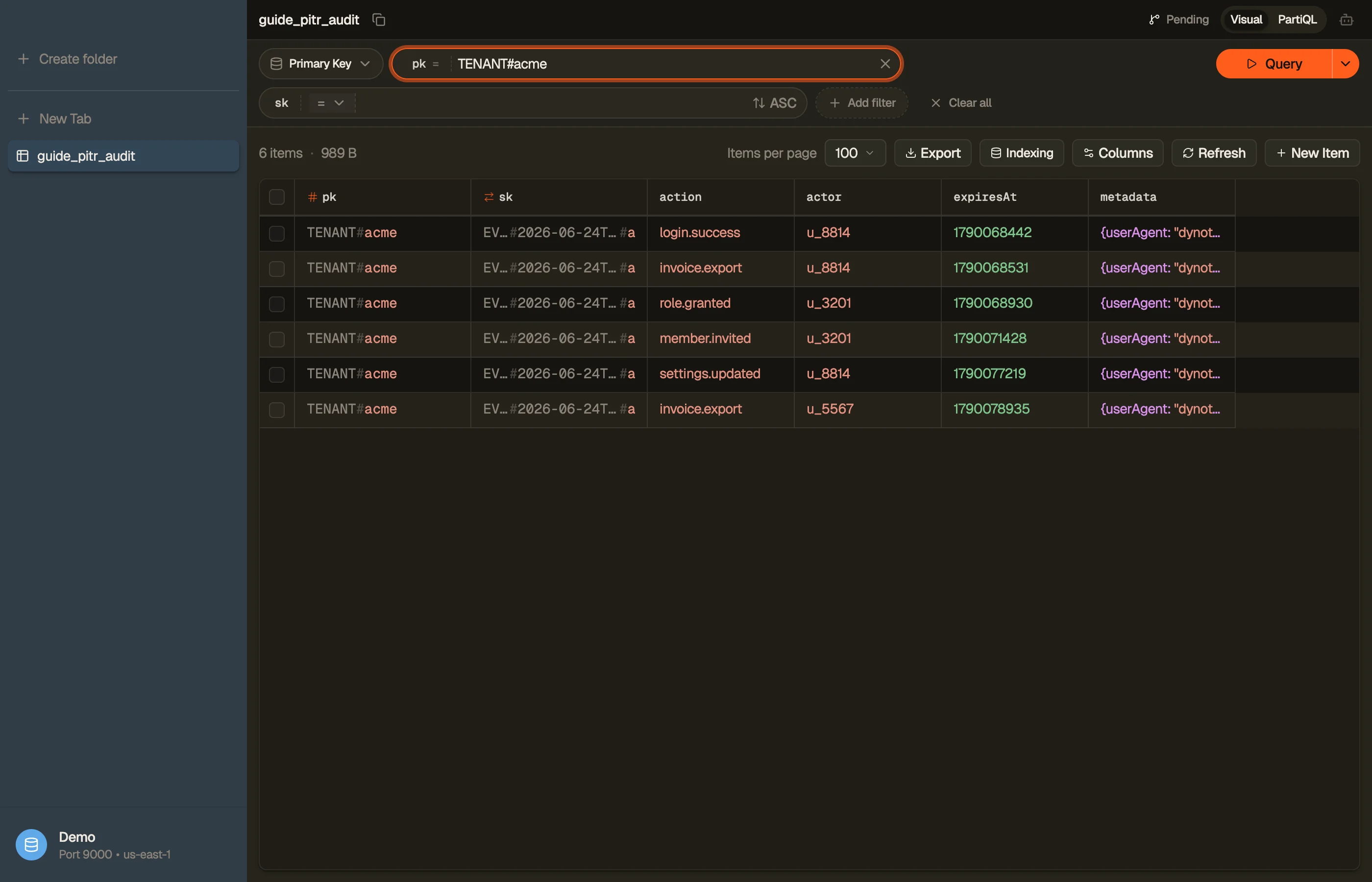 Inspecting a PITR-restored audit-log table in DynoTable to verify the recovered events before cutting the app over.