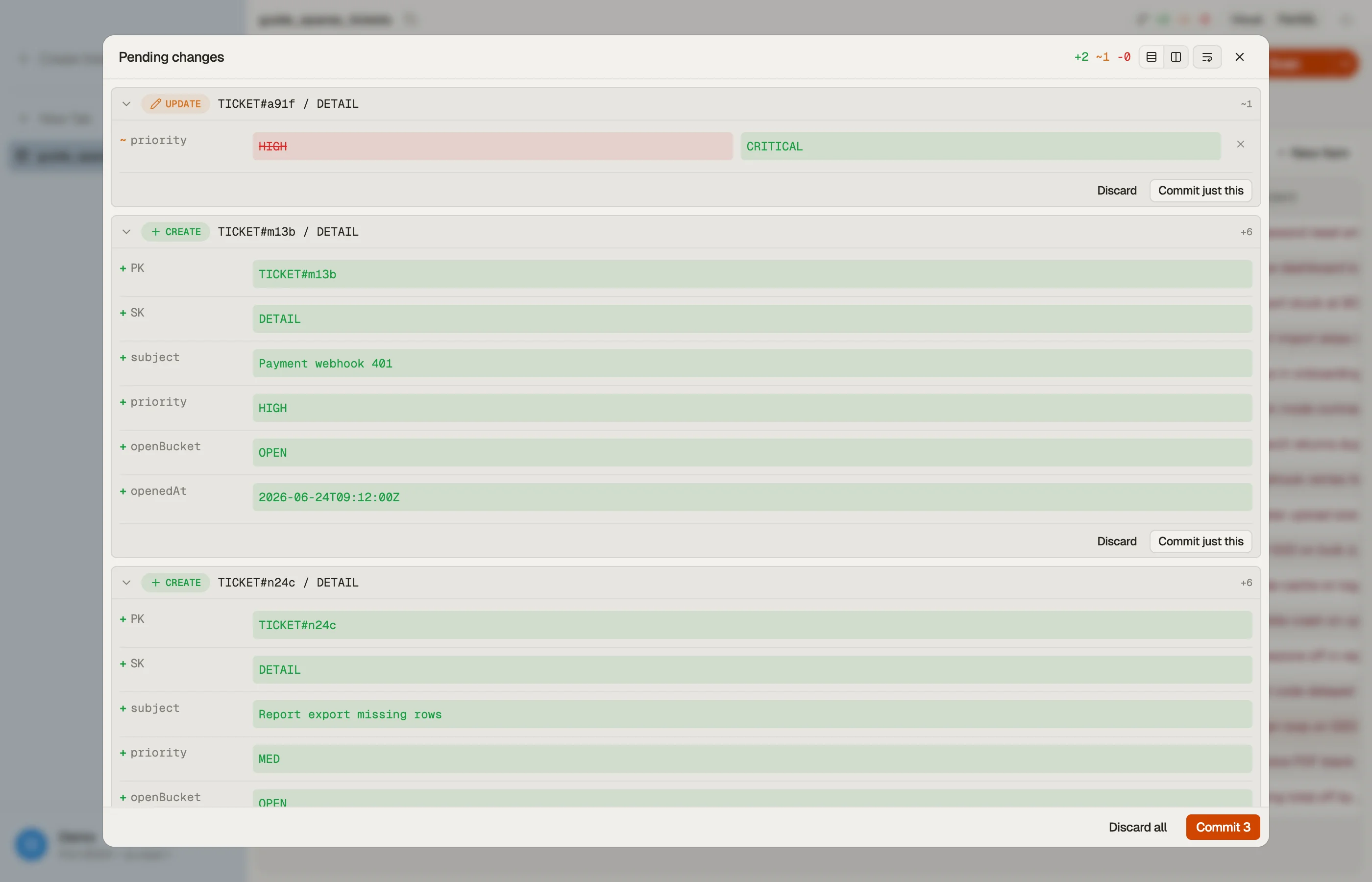 Reviewing staged edits before committing them as a batch in DynoTable.