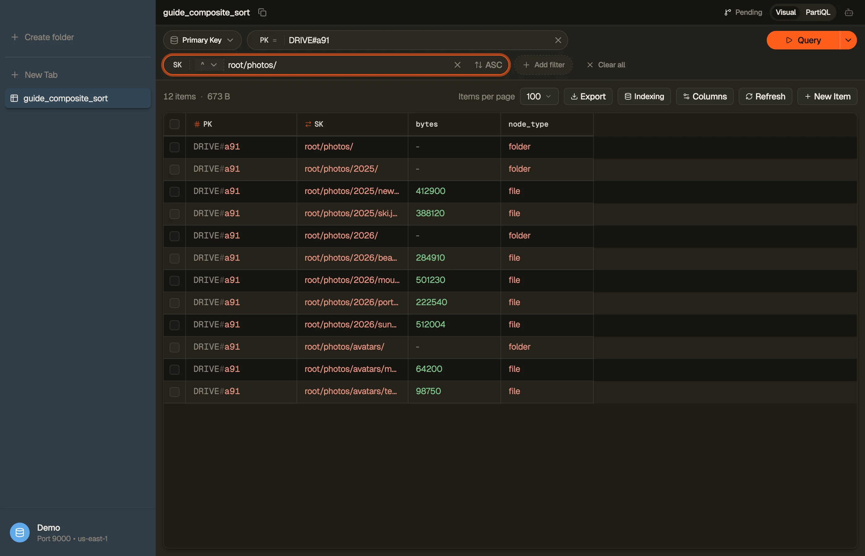 Running a begins_with query on the path sort key in DynoTable, returning a folder and its descendants in path order.