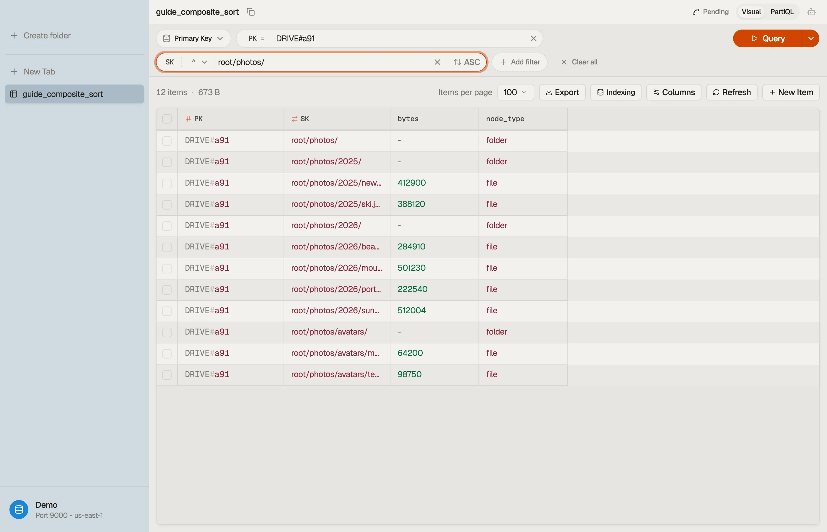 Running a begins_with query on the path sort key in DynoTable, returning a folder and its descendants in path order.
