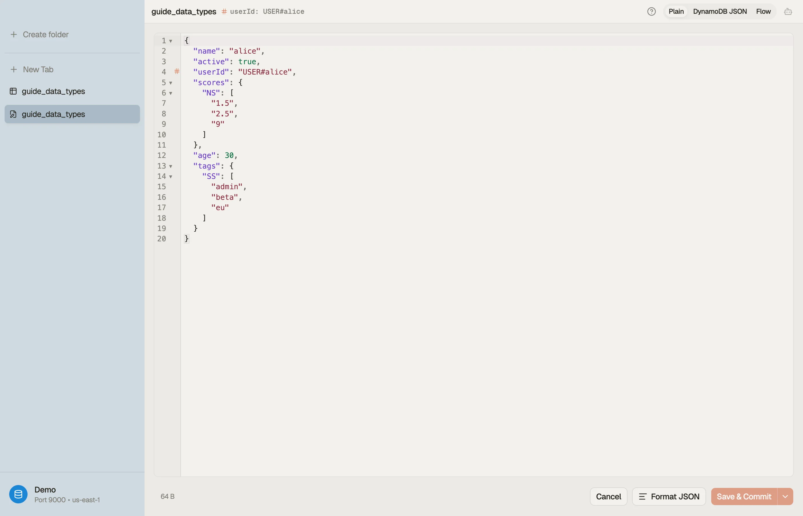 DynoTable's item editor showing an item with a number set and a string set, and the Plain-JSON / DynamoDB-JSON toggle.