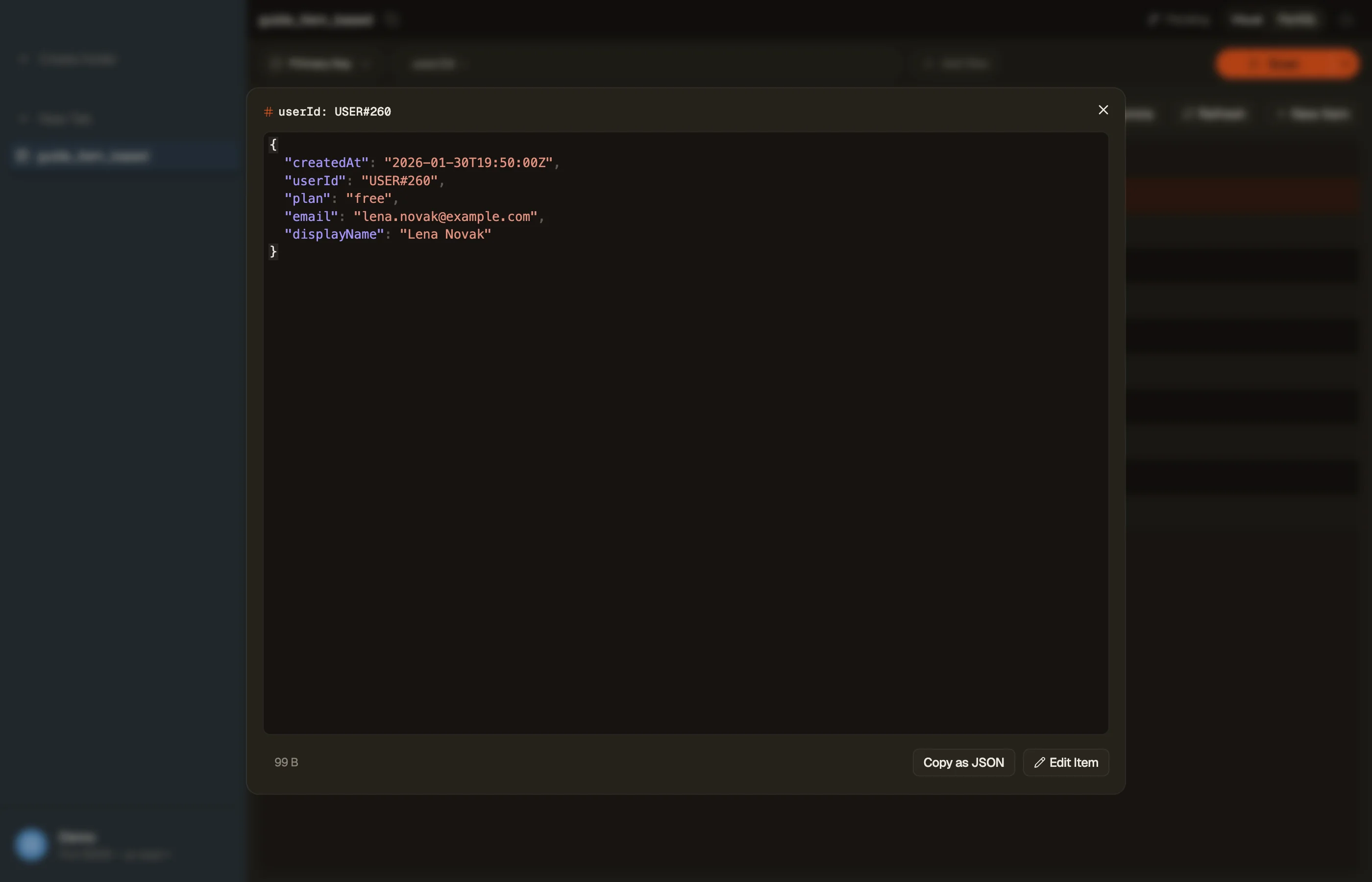 Reading a single item in DynoTable's Quick View, with Edit Item and Copy as JSON actions.