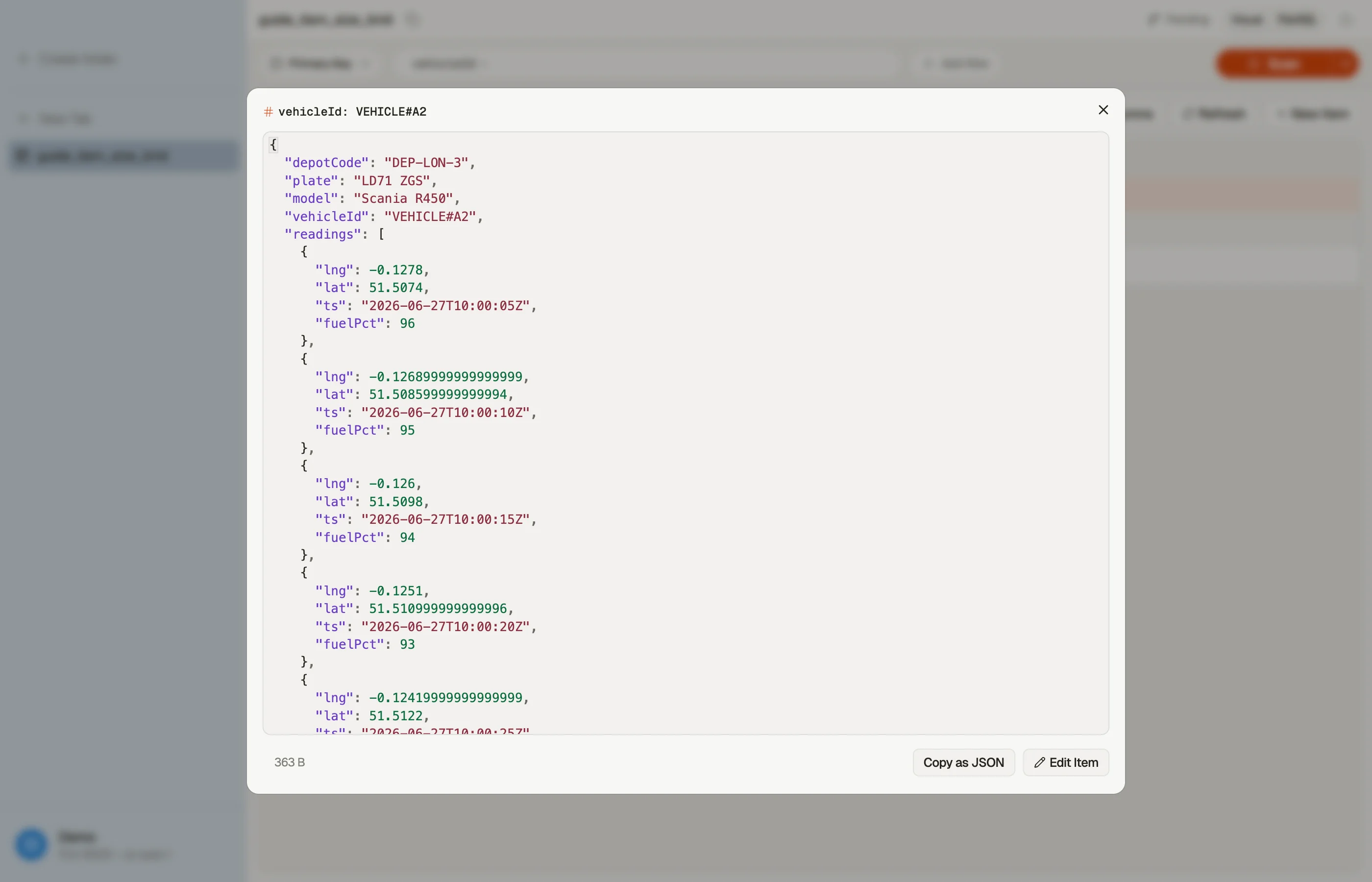Inspecting a single item's attributes in DynoTable's Quick View.