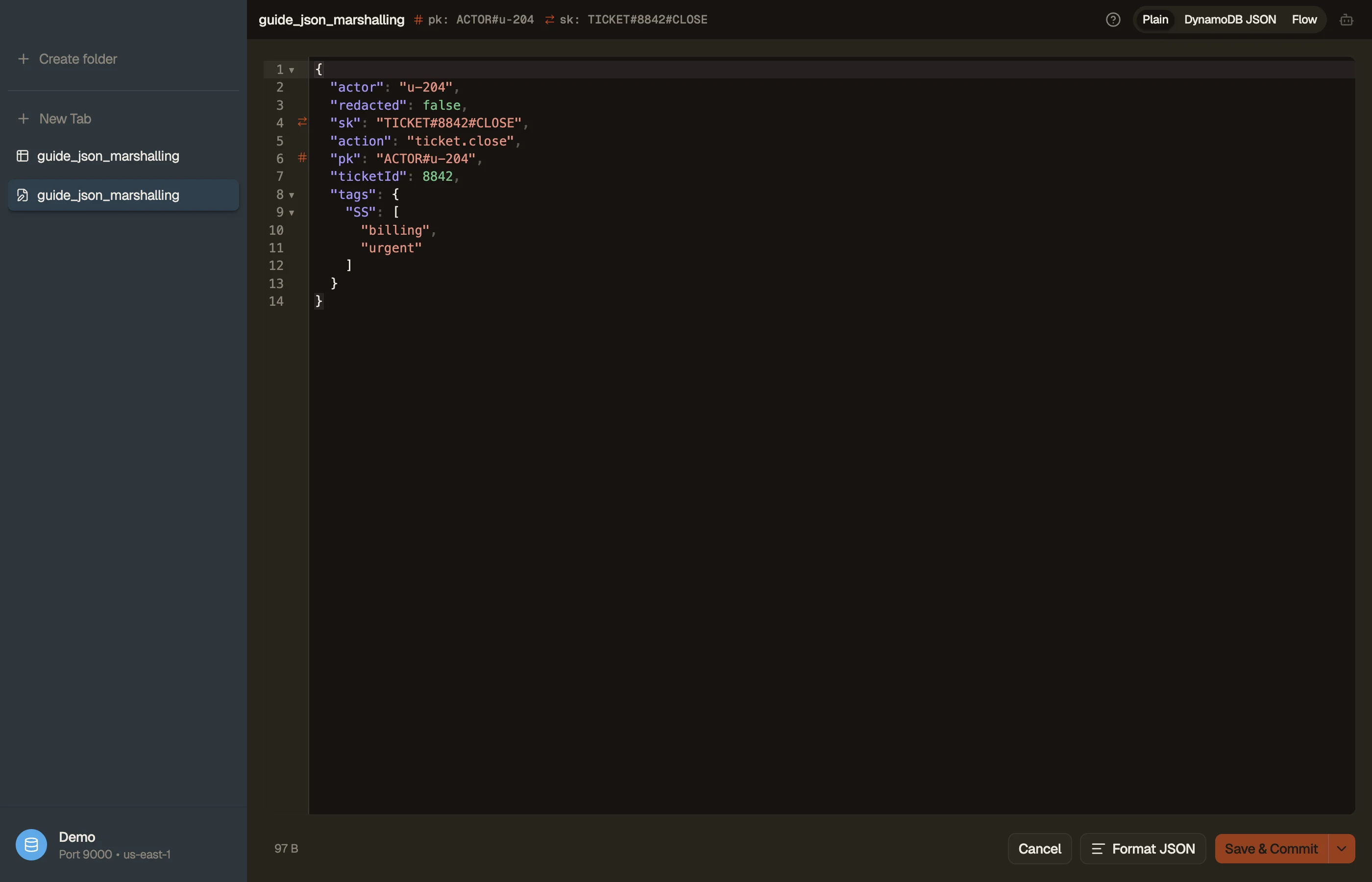 DynoTable showing an item as plain values, with the raw DynamoDB JSON available.
