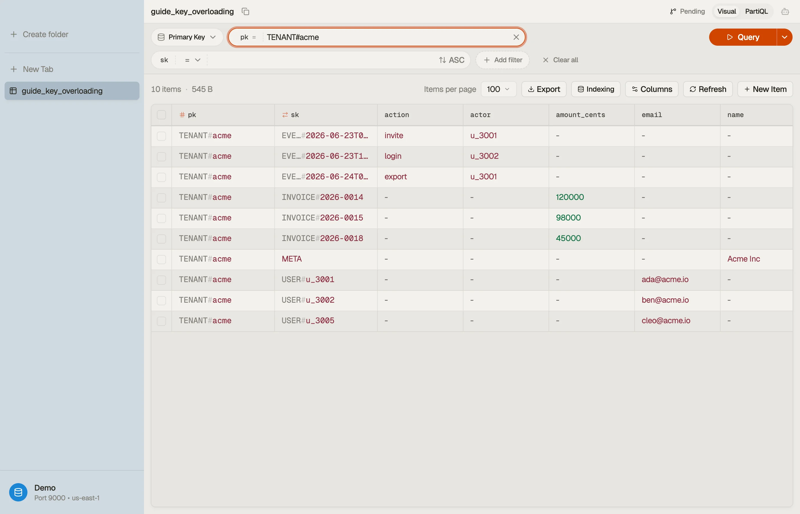 DynoTable browsing one tenant's item collection — META, USER, INVOICE, and EVENT items grouped under a single overloaded partition key.