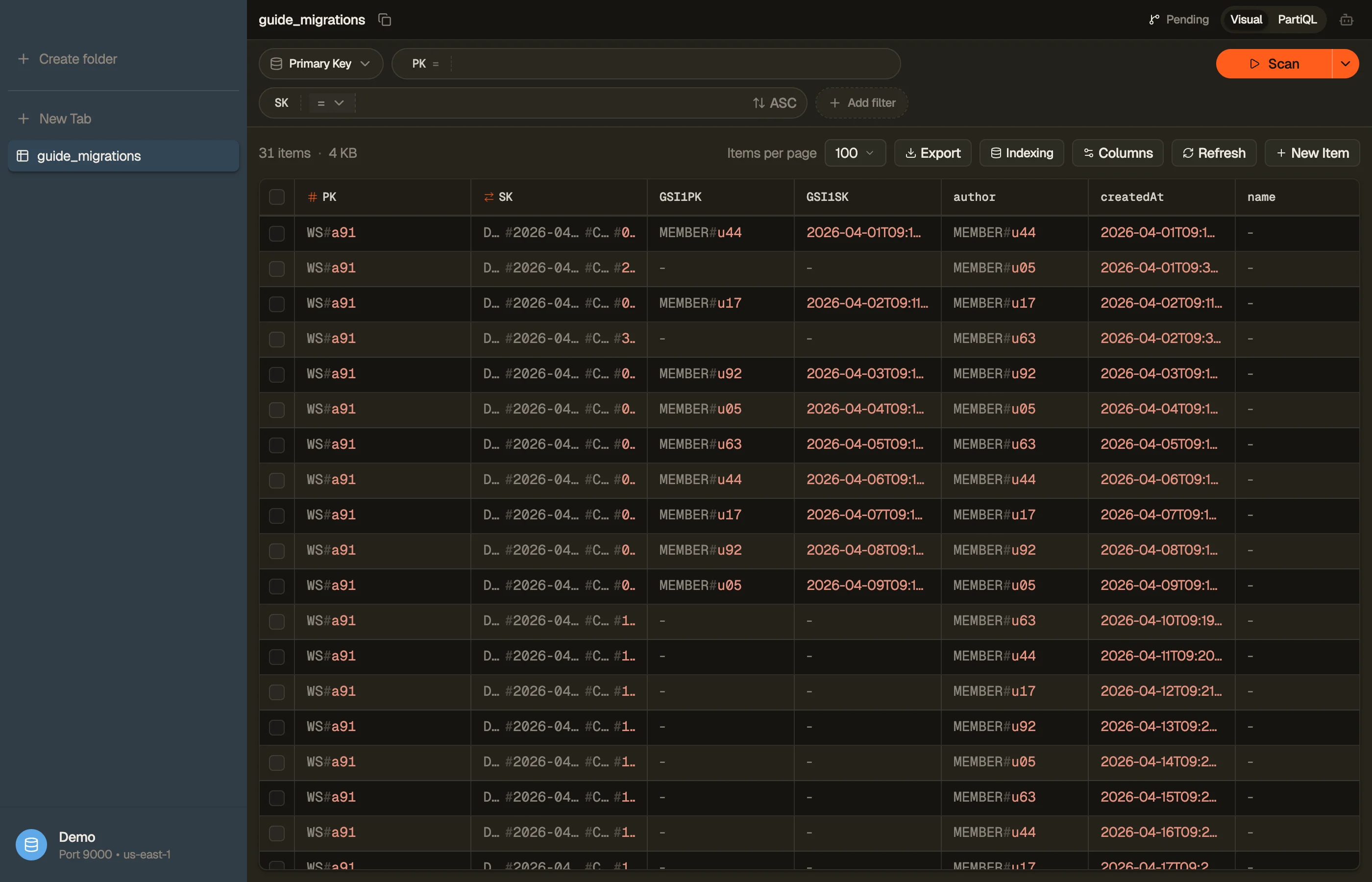 Paging a table in DynoTable to spot items missing the new index attributes during a backfill.