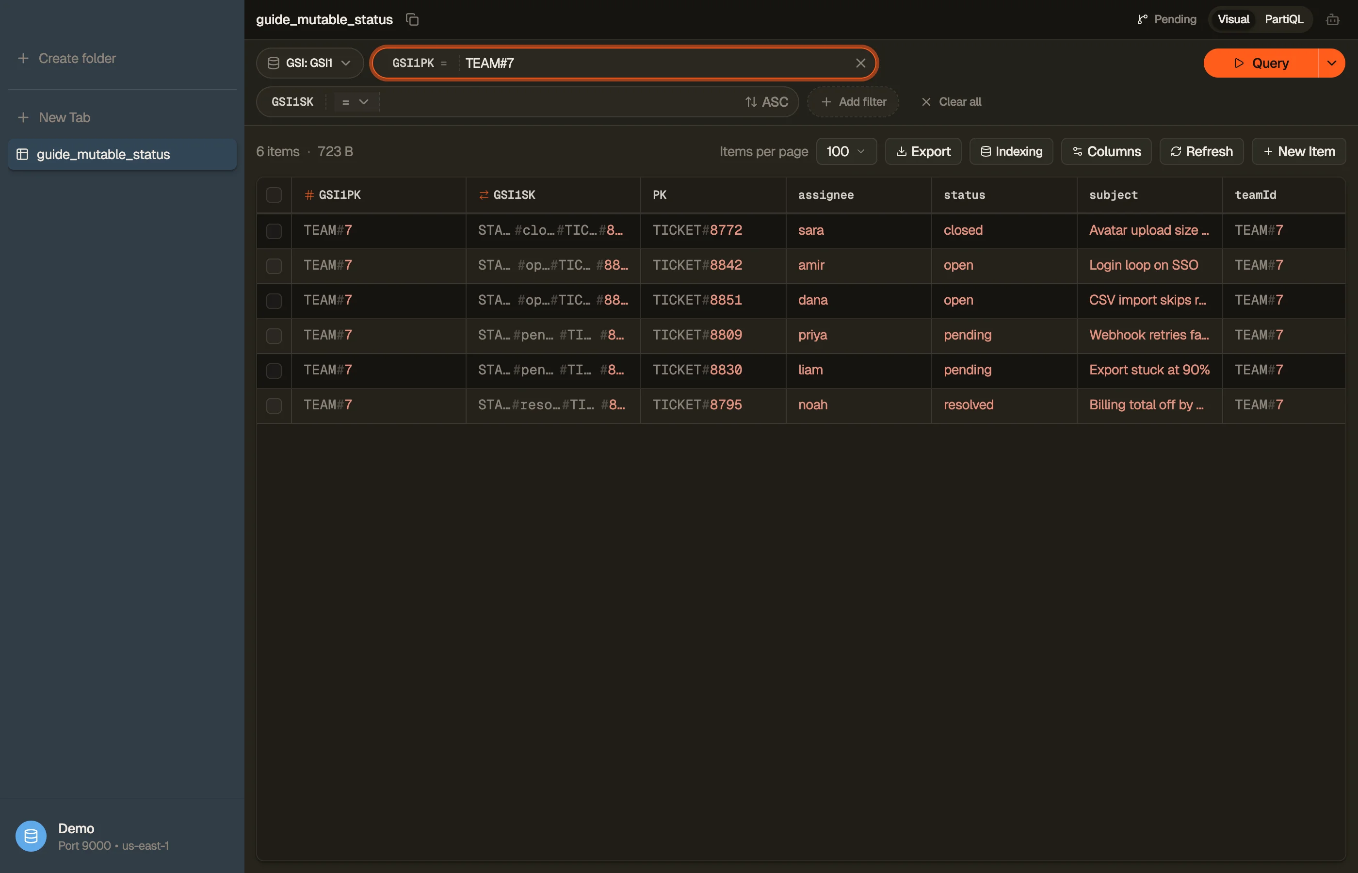 Querying a status-sorted GSI while the base item keeps an immutable key in DynoTable.