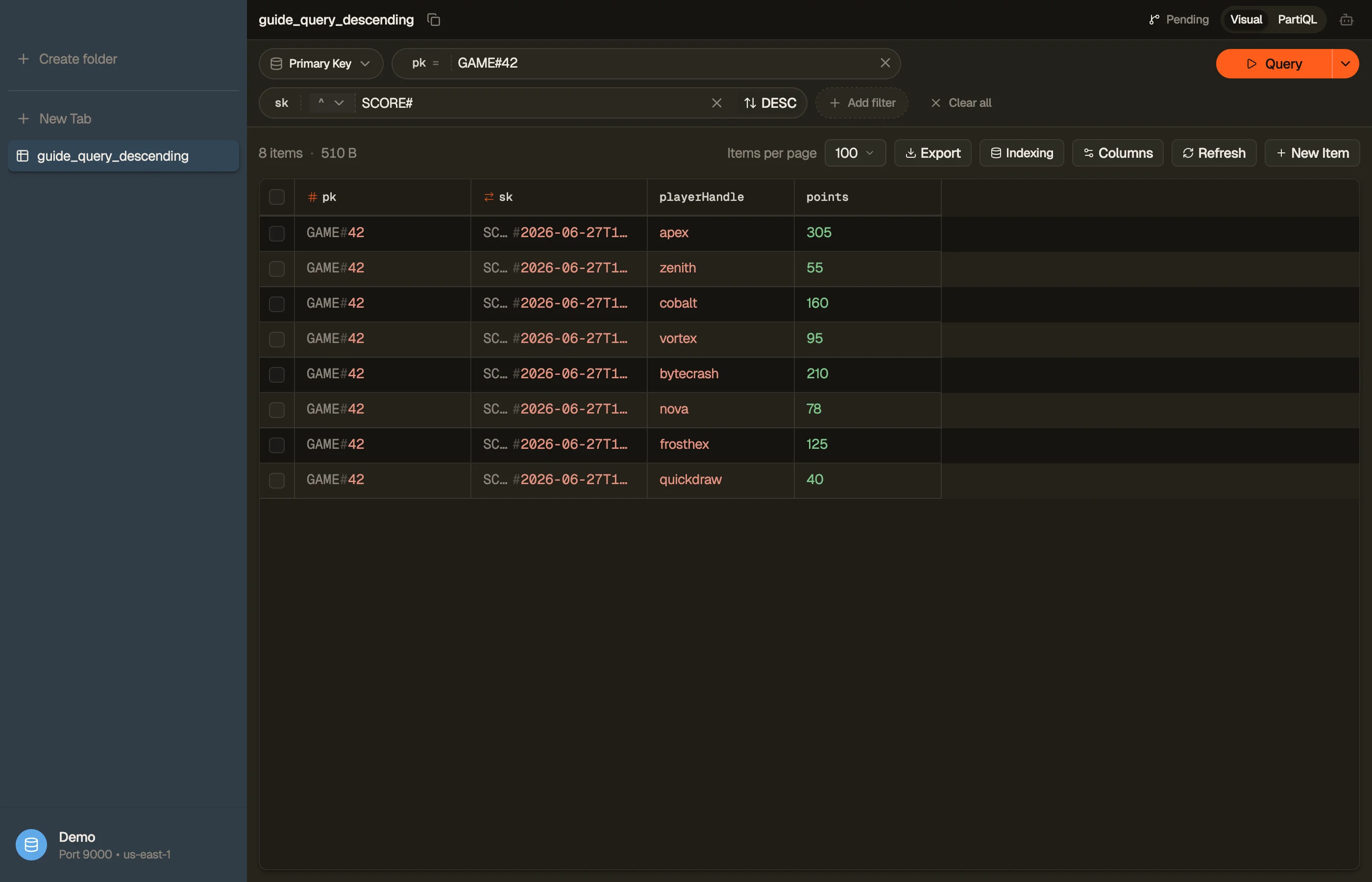Switching a query tab to descending (newest-first) order in DynoTable.