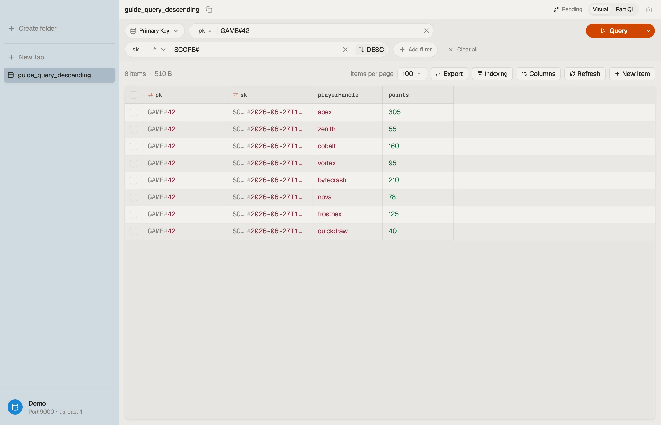 Switching a query tab to descending (newest-first) order in DynoTable.