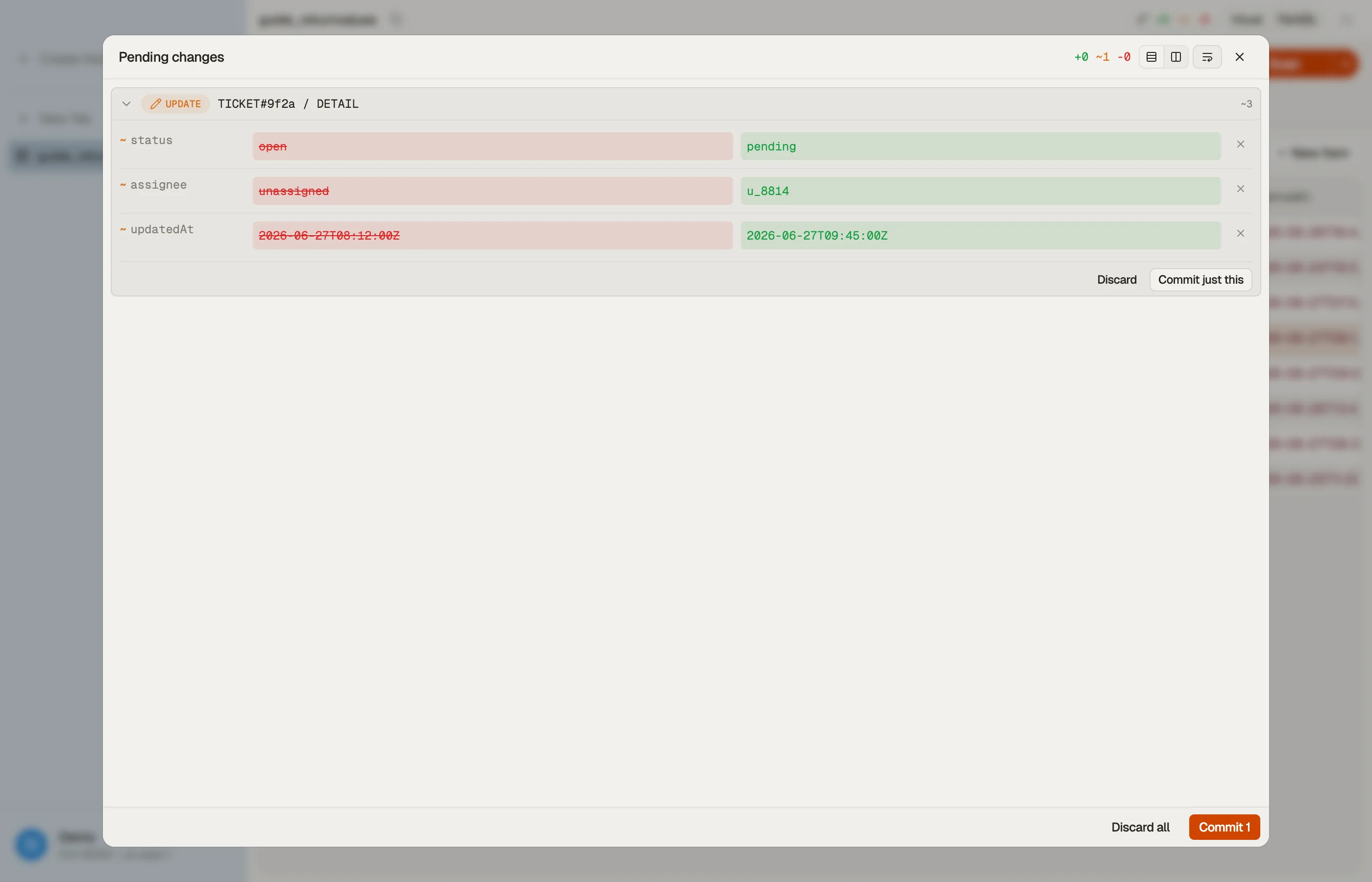 Reviewing an item's staged change in DynoTable — the old and new values before the update is committed.