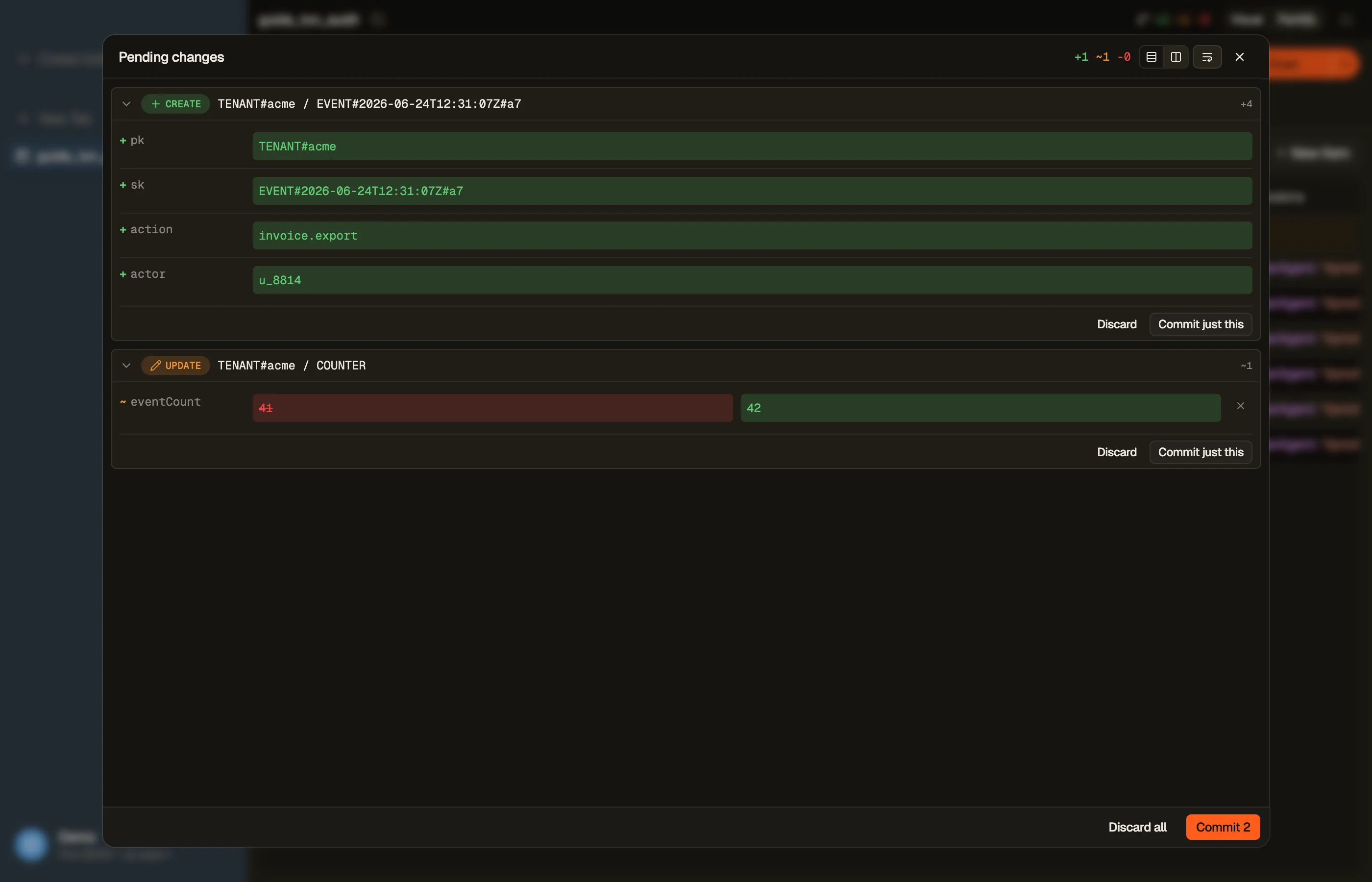 Staging the new audit event and the tenant counter edit in DynoTable, then committing both as one all-or-nothing transaction.
