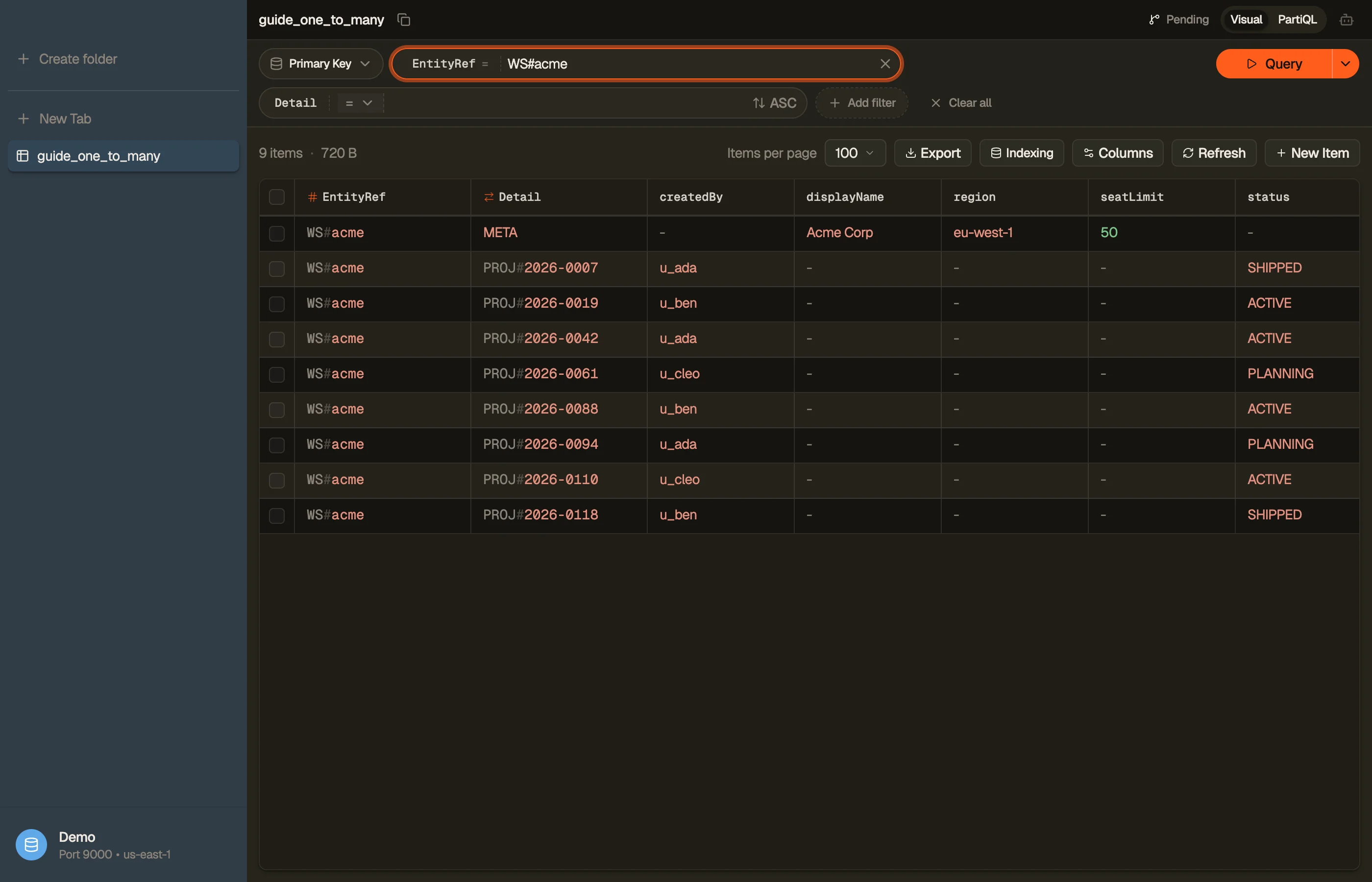 The workspace META item and its PROJ# children grouped as one item collection in DynoTable's table view.