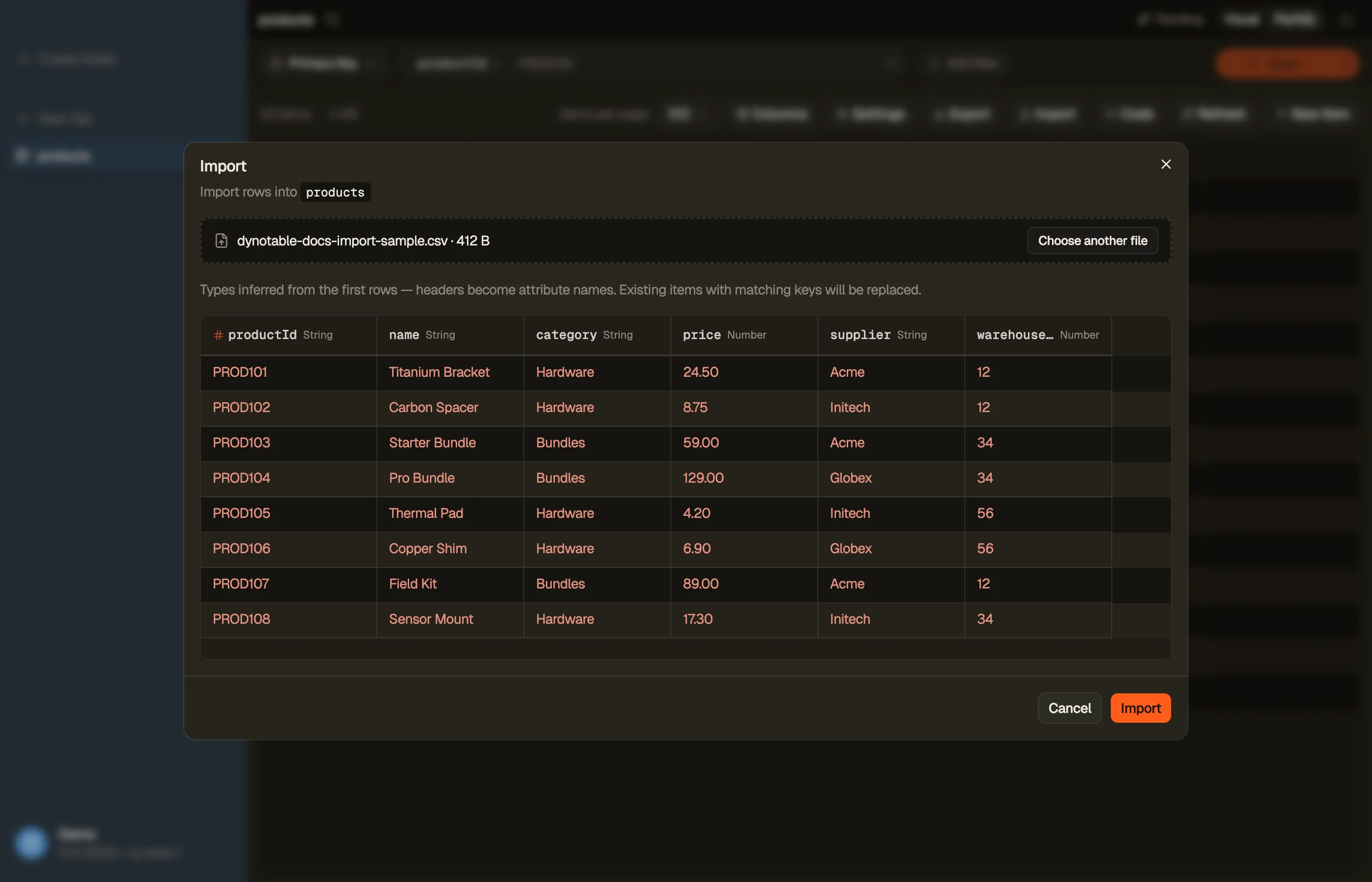 DynoTable's DynamoDB import dialog: the picked file, its detected columns and inferred types, and a preview of the first rows.