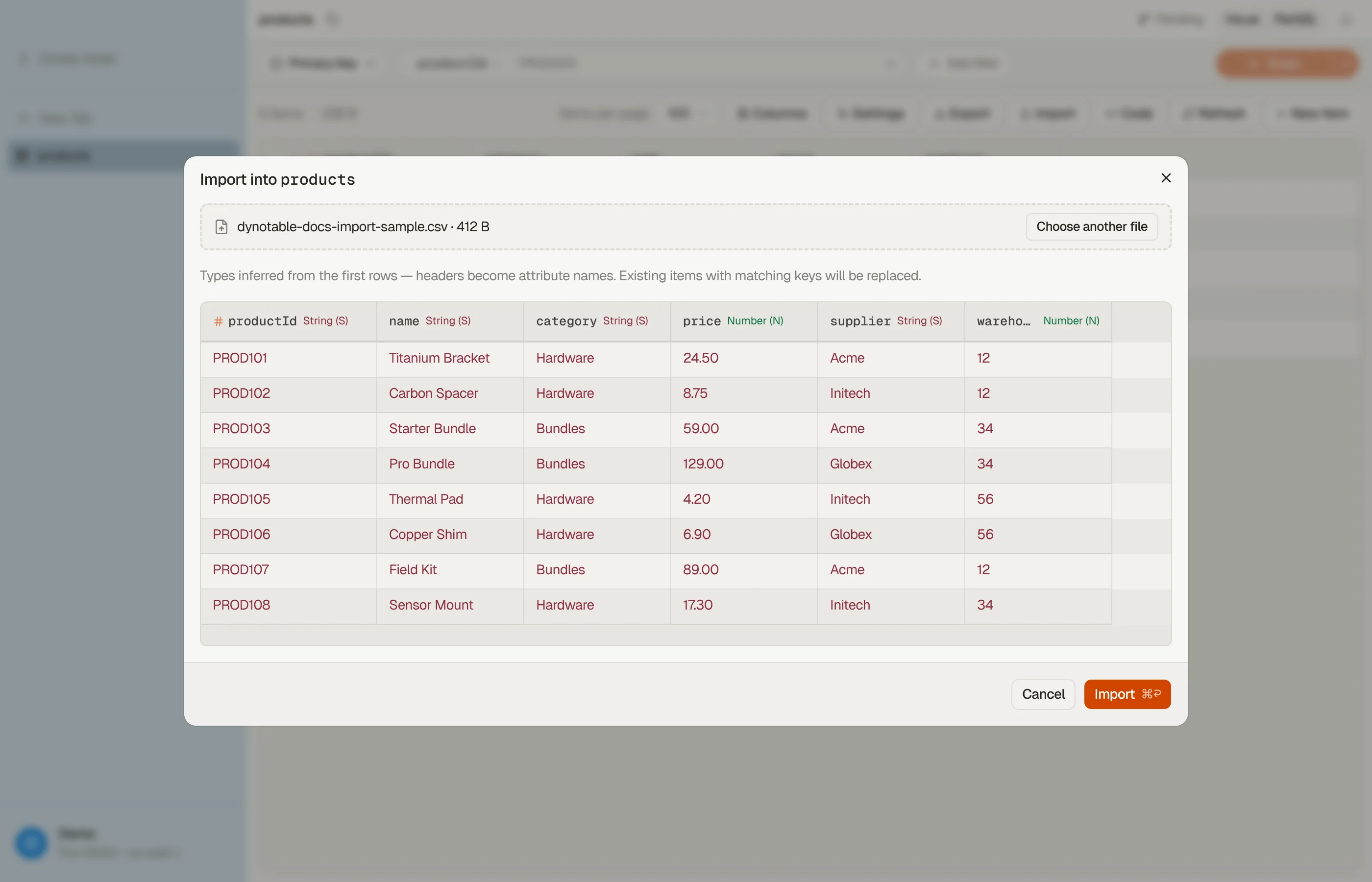 DynoTable's DynamoDB import dialog: the picked file, its detected columns and inferred types, and a preview of the first rows.