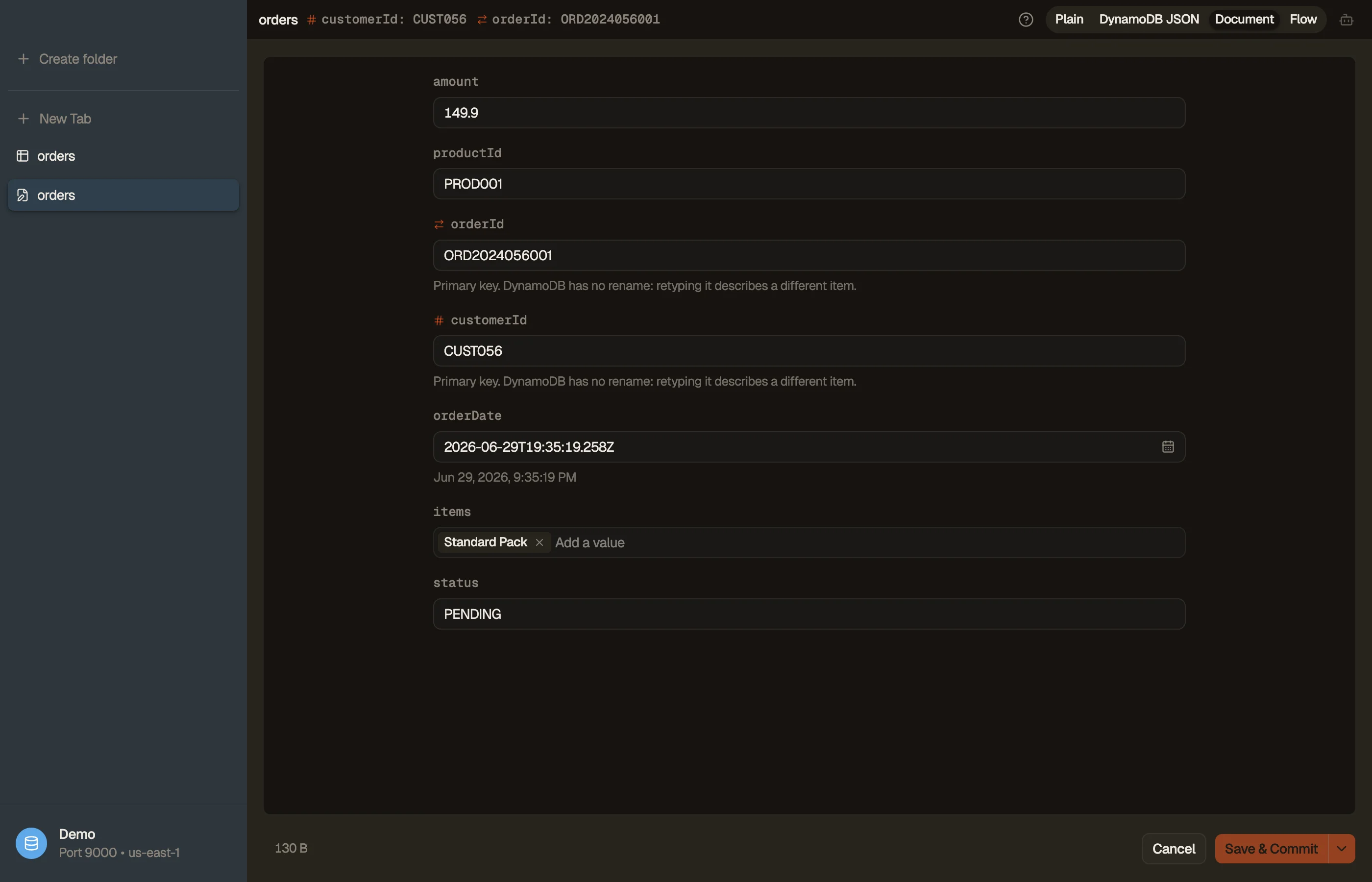 An order open in DynoTable's Document view: one labelled control per attribute instead of JSON — a number field for the amount, text boxes for the product id and status, a date field with a calendar picker and the decoded reading under it, and chips for the item list. The two key fields carry their partition and sort marks.