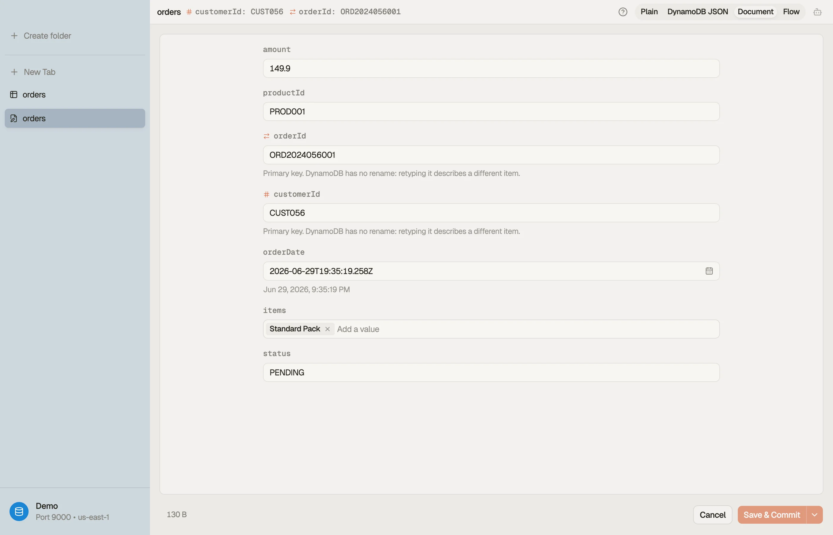 An order open in DynoTable's Document view: one labelled control per attribute instead of JSON — a number field for the amount, text boxes for the product id and status, a date field with a calendar picker and the decoded reading under it, and chips for the item list. The two key fields carry their partition and sort marks.