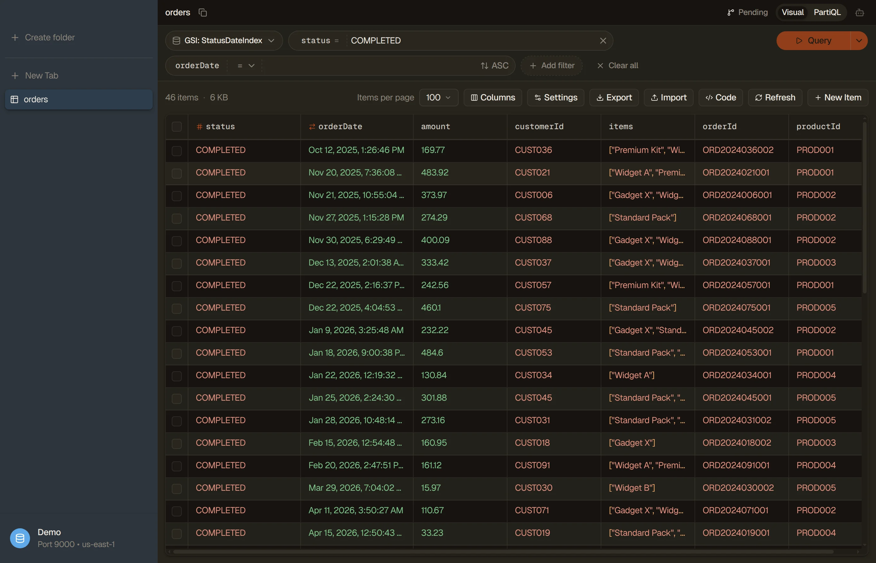 DynoTable's visual filter builder with the index picker and the derived Query badge.