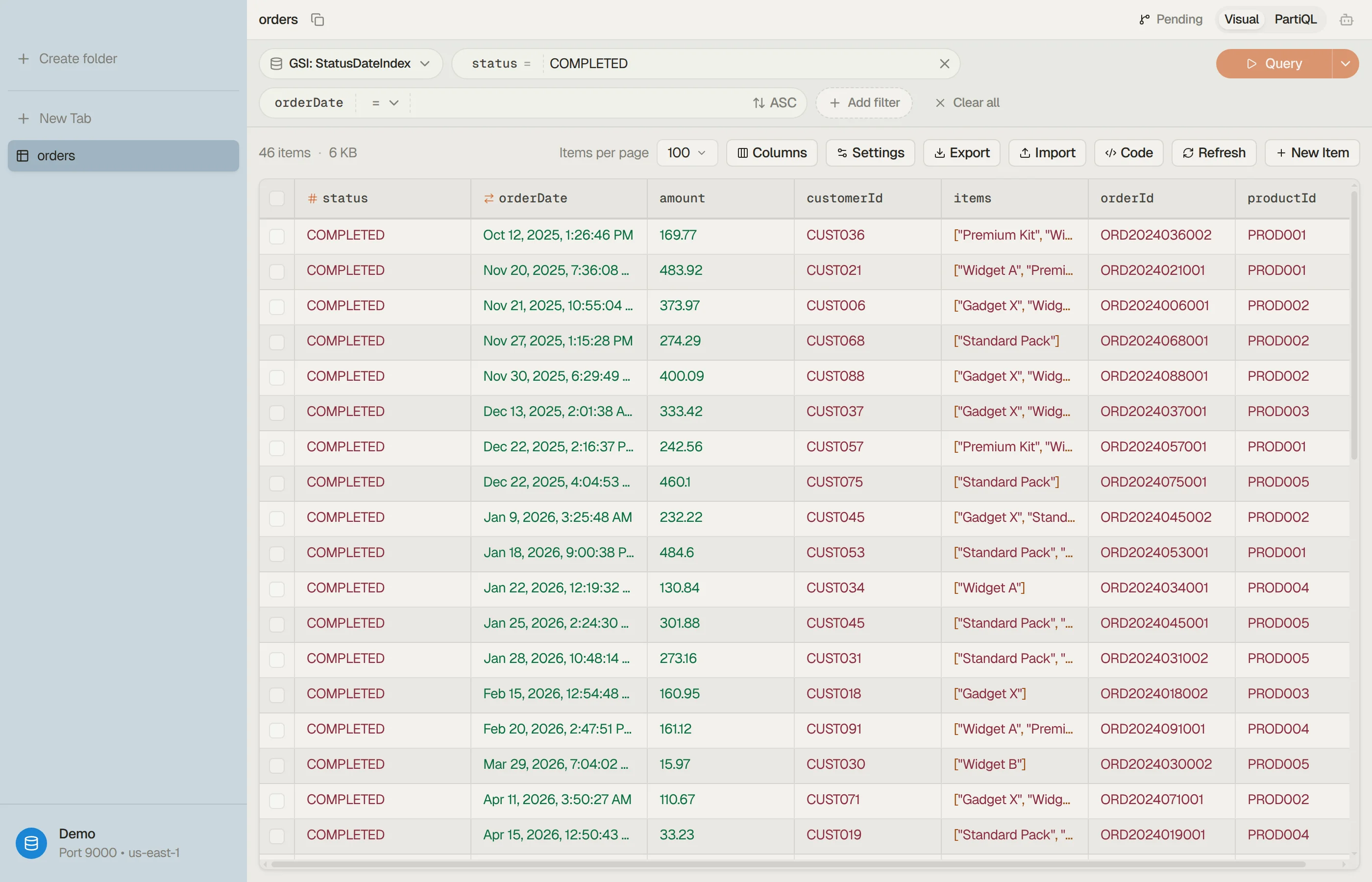 DynoTable's visual filter builder with the index picker and the derived Query badge.