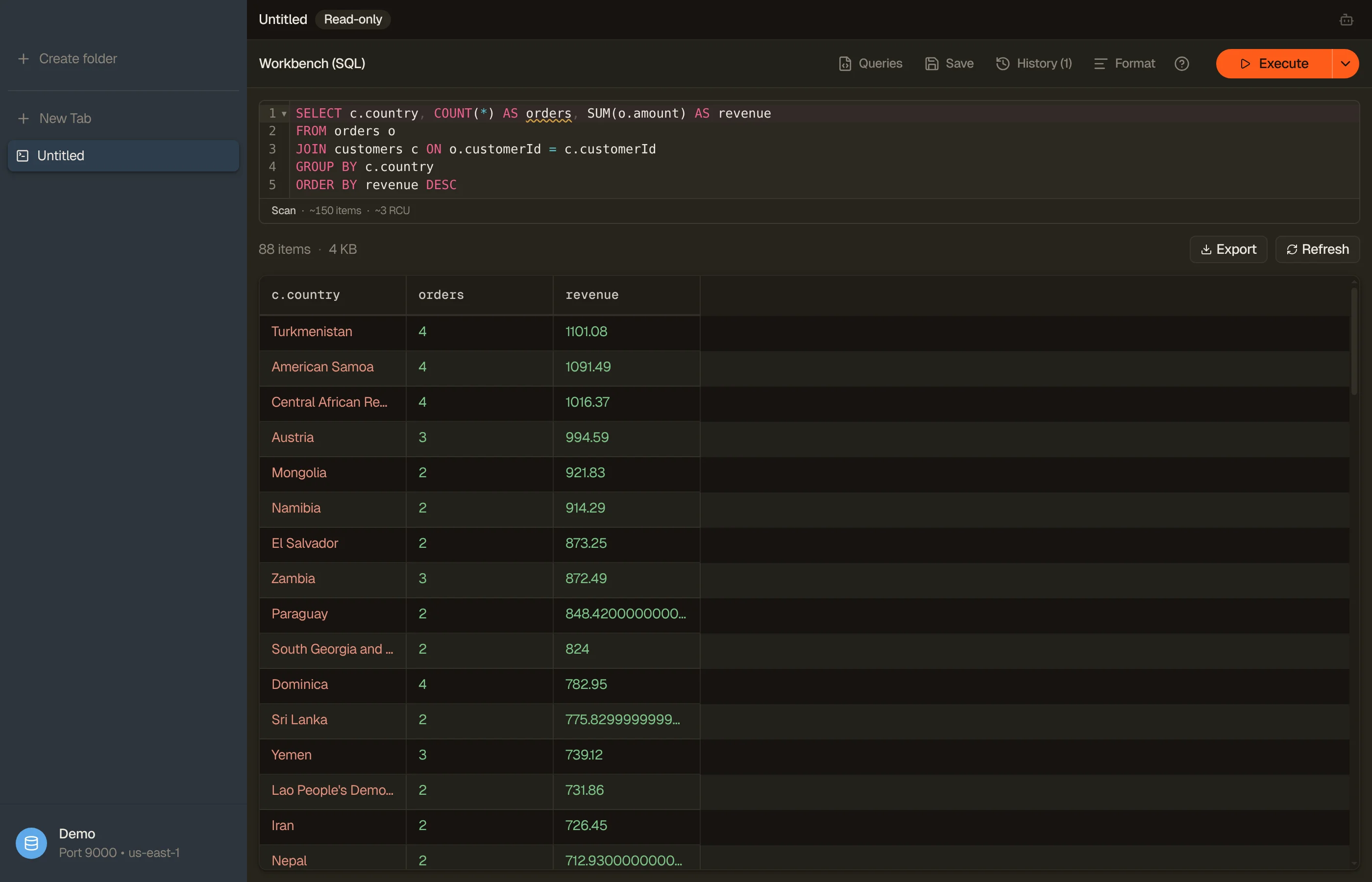 The DynoTable SQL Workbench running a JOIN with GROUP BY over two DynamoDB tables.
