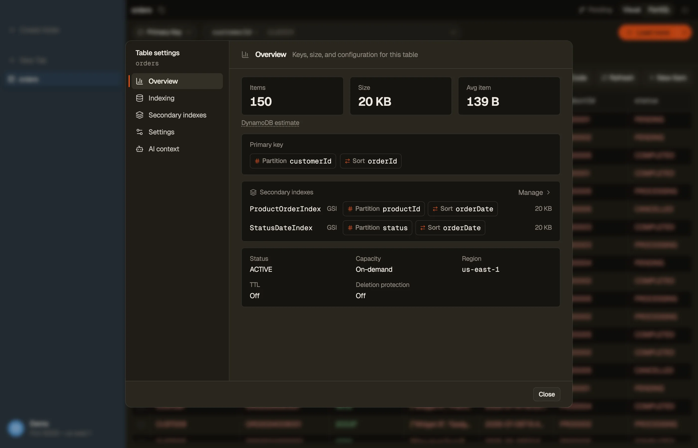 The Table settings dialog in DynoTable showing the orders table's key structure with its GSIs.