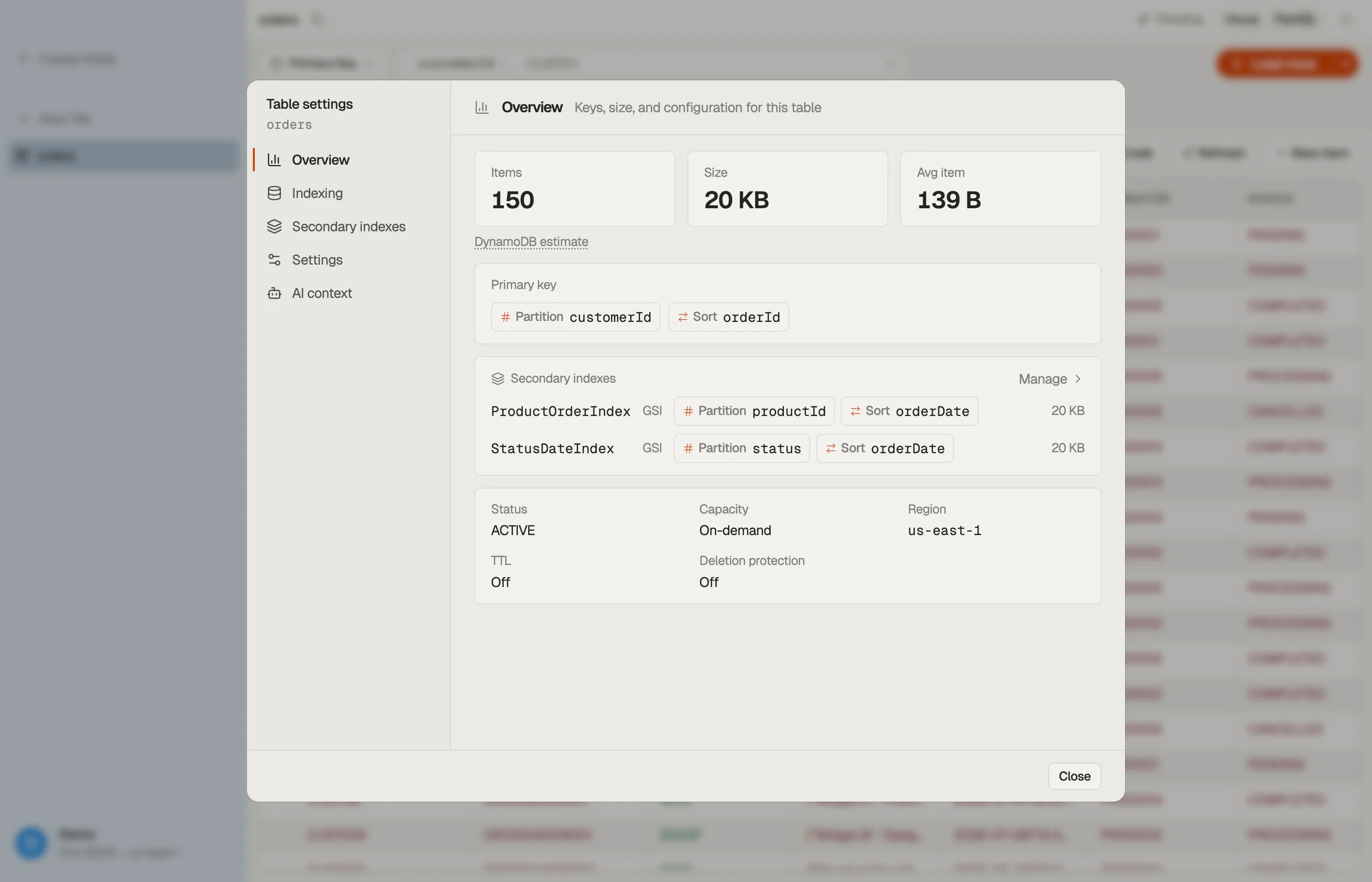 The Table settings dialog in DynoTable showing the orders table's key structure with its GSIs.