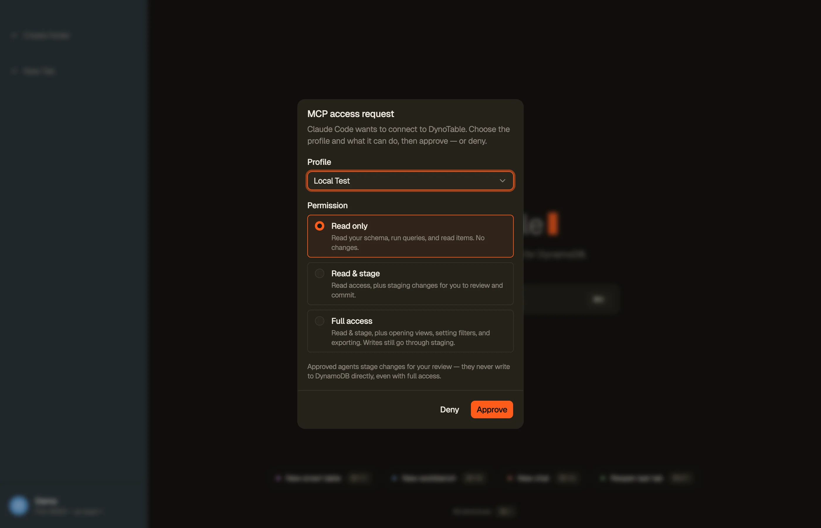 The in-app consent prompt: a connecting client requests access, and you grant one of three scopes or deny.