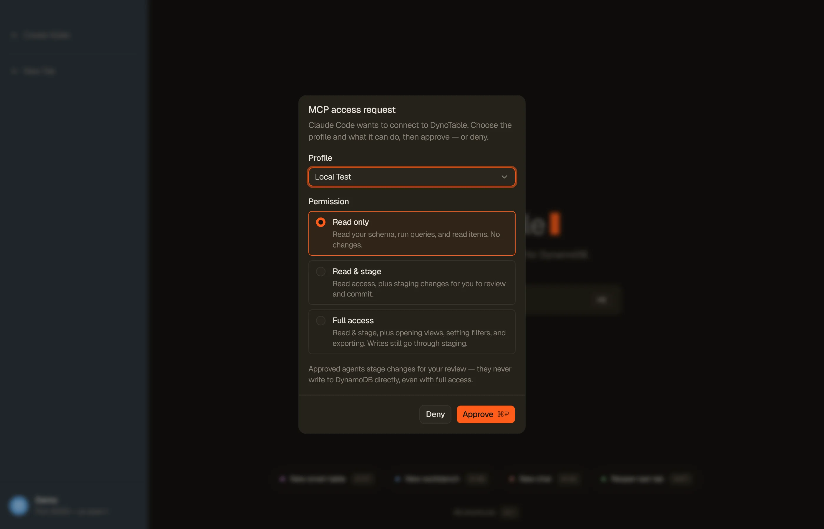DynoTable's in-app MCP consent prompt: a connecting client requests access, and you grant one of three scopes or deny.