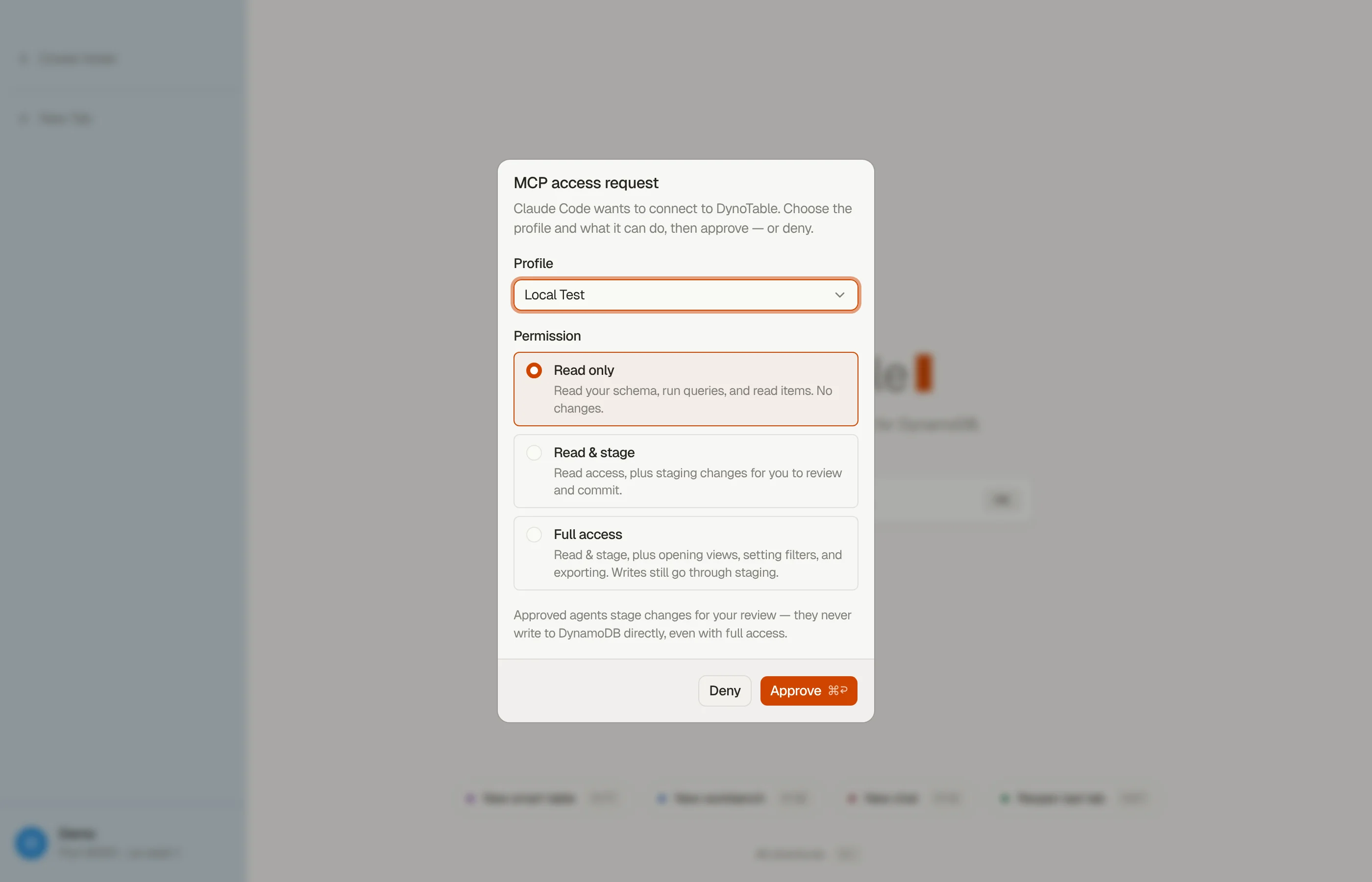 DynoTable's in-app MCP consent prompt: a connecting client requests access, and you grant one of three scopes or deny.