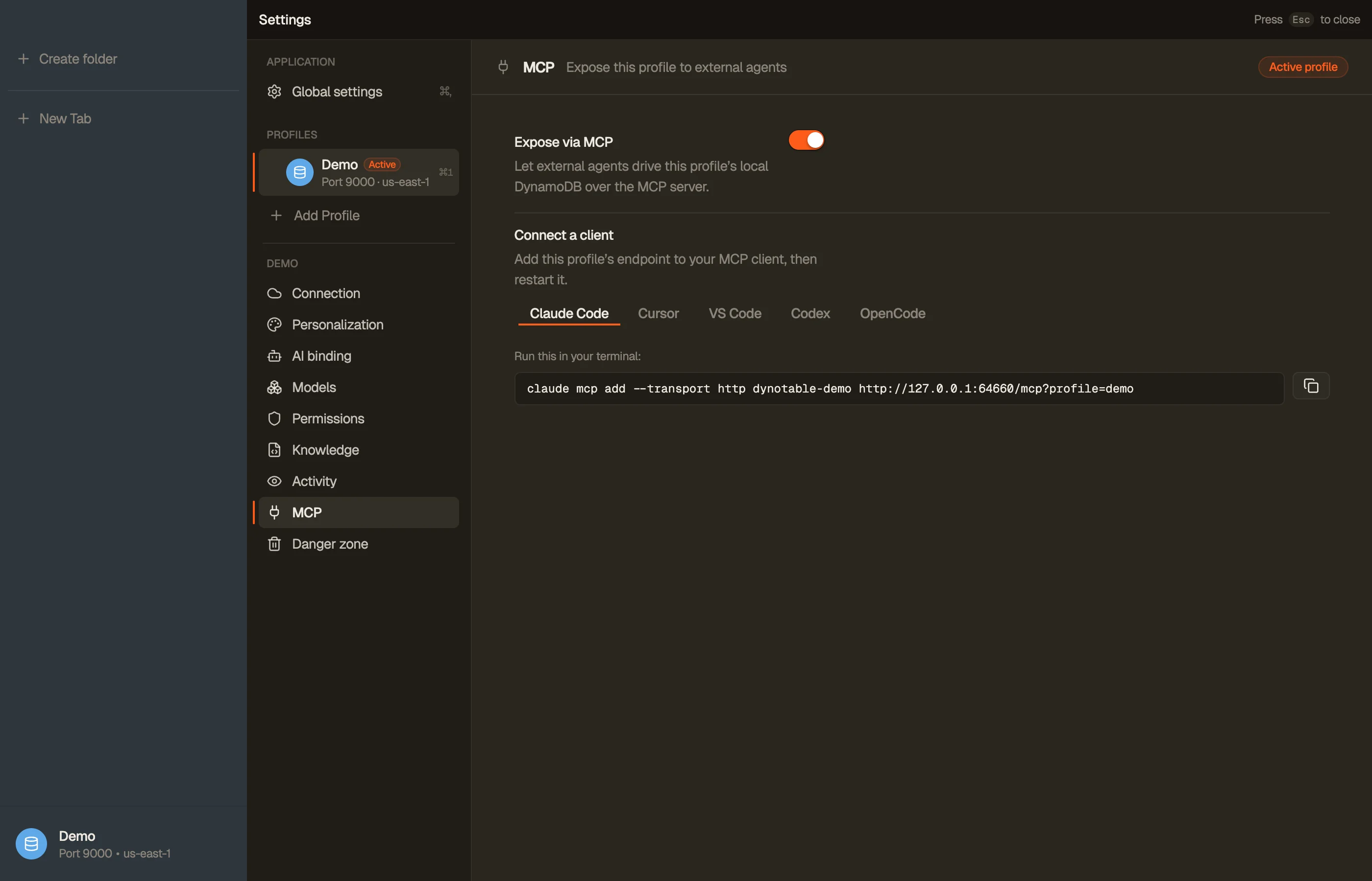 A profile's MCP section with “Expose via MCP” turned on — the per-profile connect block shows the endpoint to add to your client.