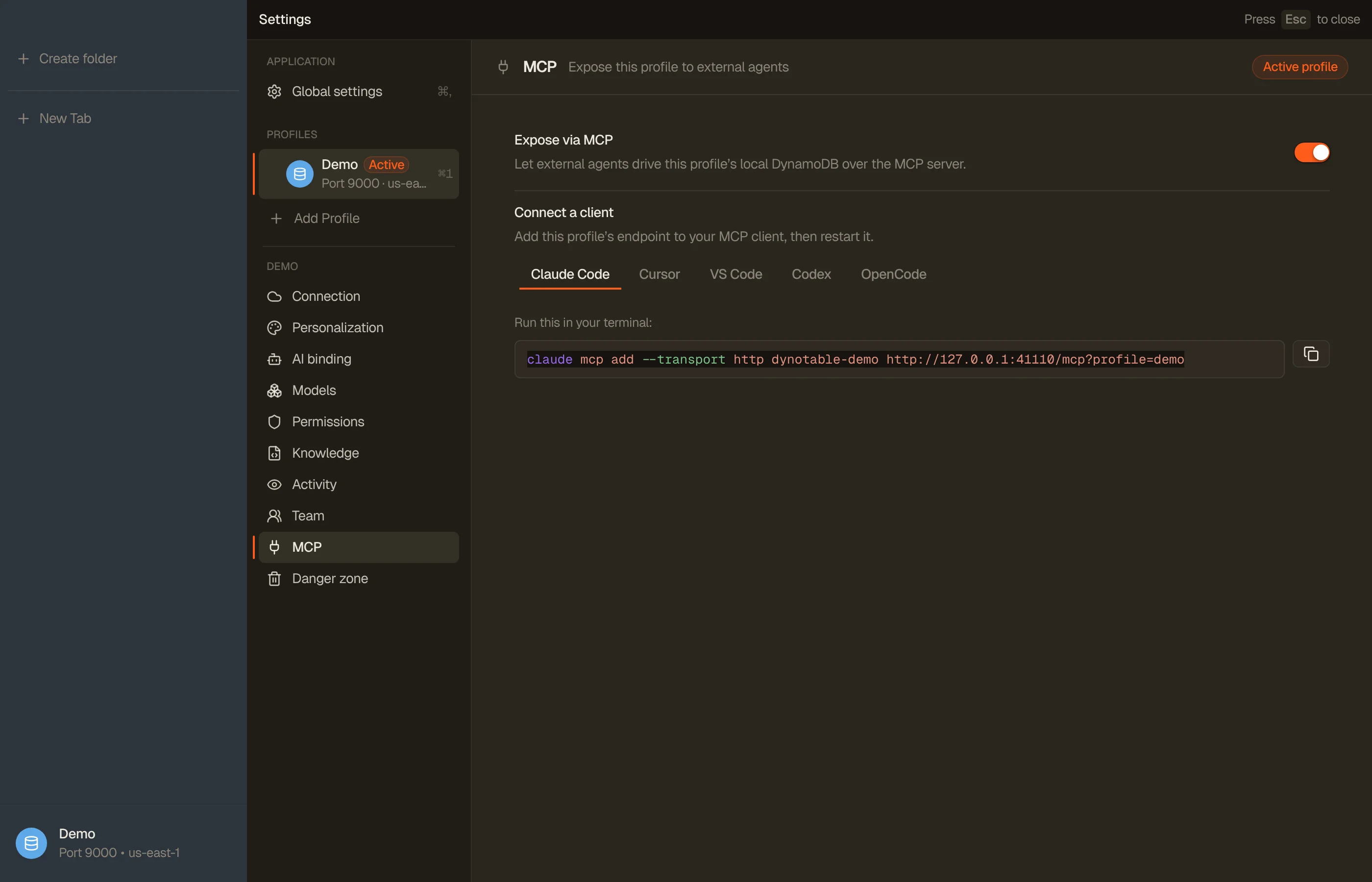 A DynoTable profile's MCP section with “Expose via MCP” turned on — the per-profile connect block shows the endpoint to add to your client.