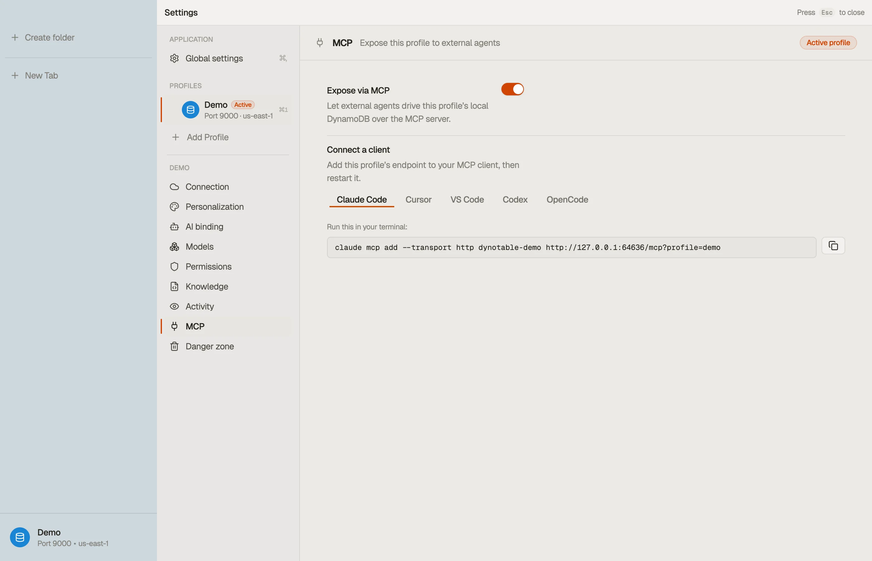 A profile's MCP section with “Expose via MCP” turned on — the per-profile connect block shows the endpoint to add to your client.