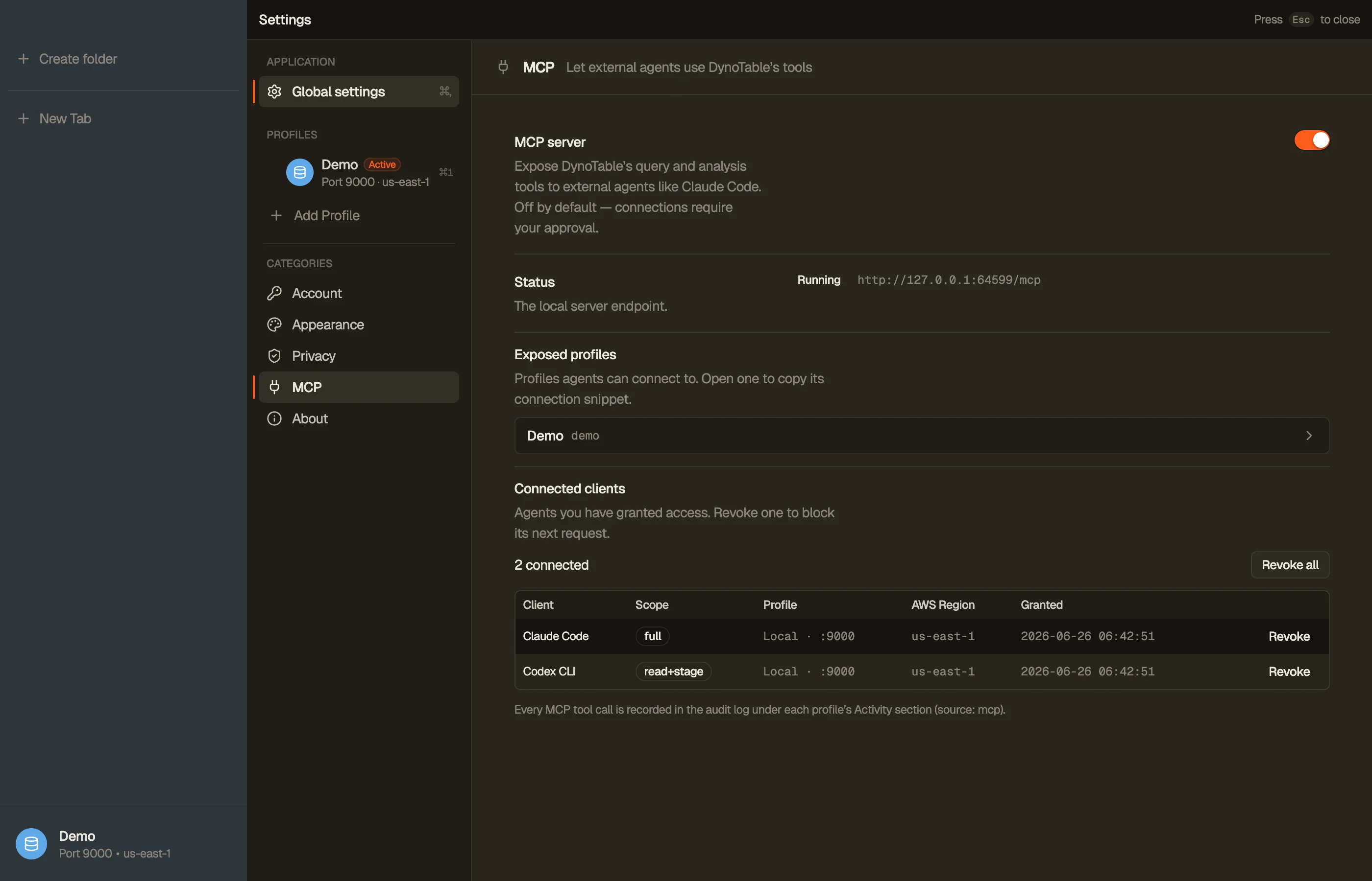 Settings → MCP Server: the server running on a local loopback port, with the list of connected clients and their access levels.