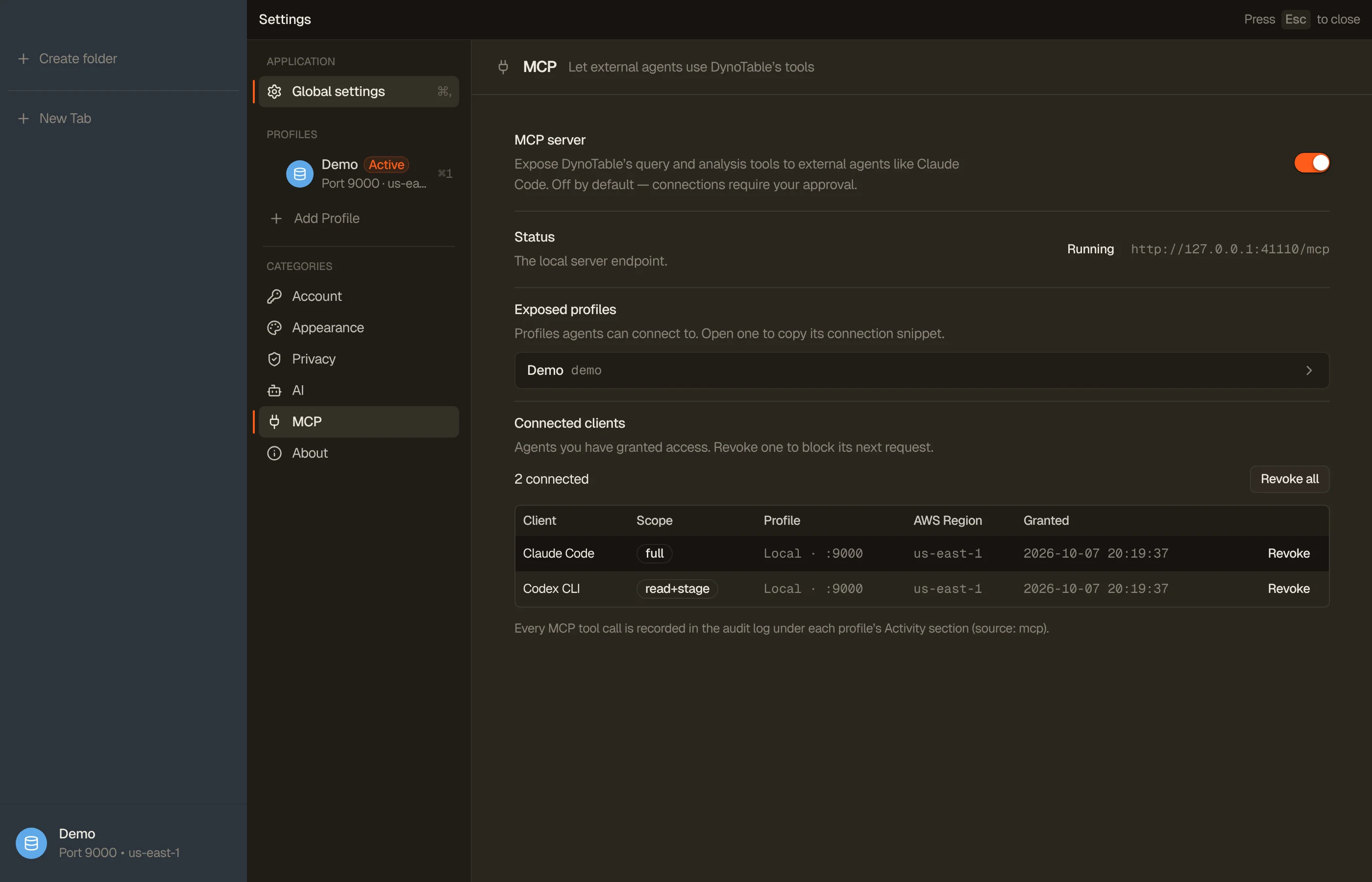 DynoTable's Settings → MCP pane: the DynamoDB MCP server running on a local loopback port, with the list of connected clients and their access levels.