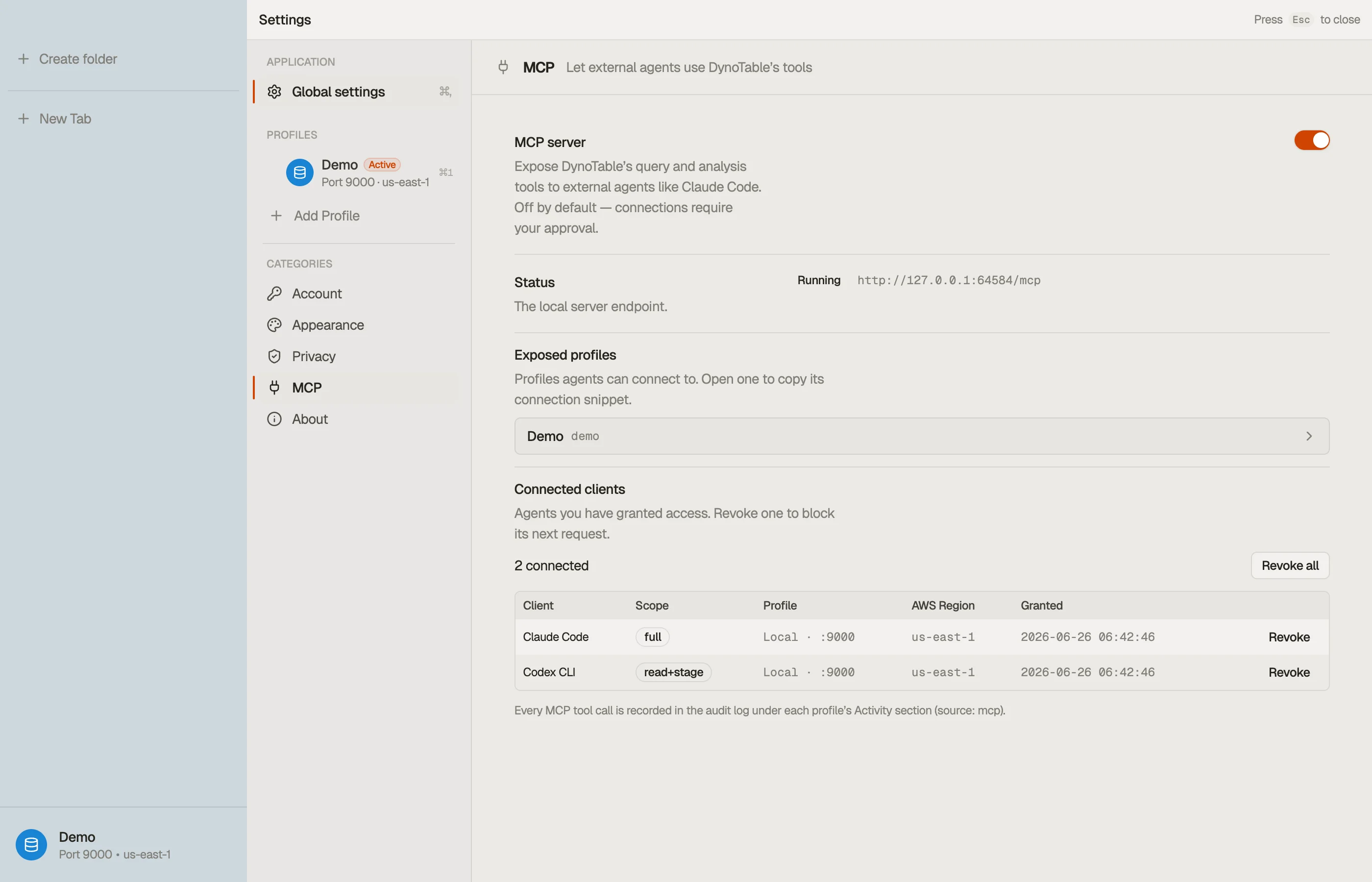 Settings → MCP Server: the server running on a local loopback port, with the list of connected clients and their access levels.