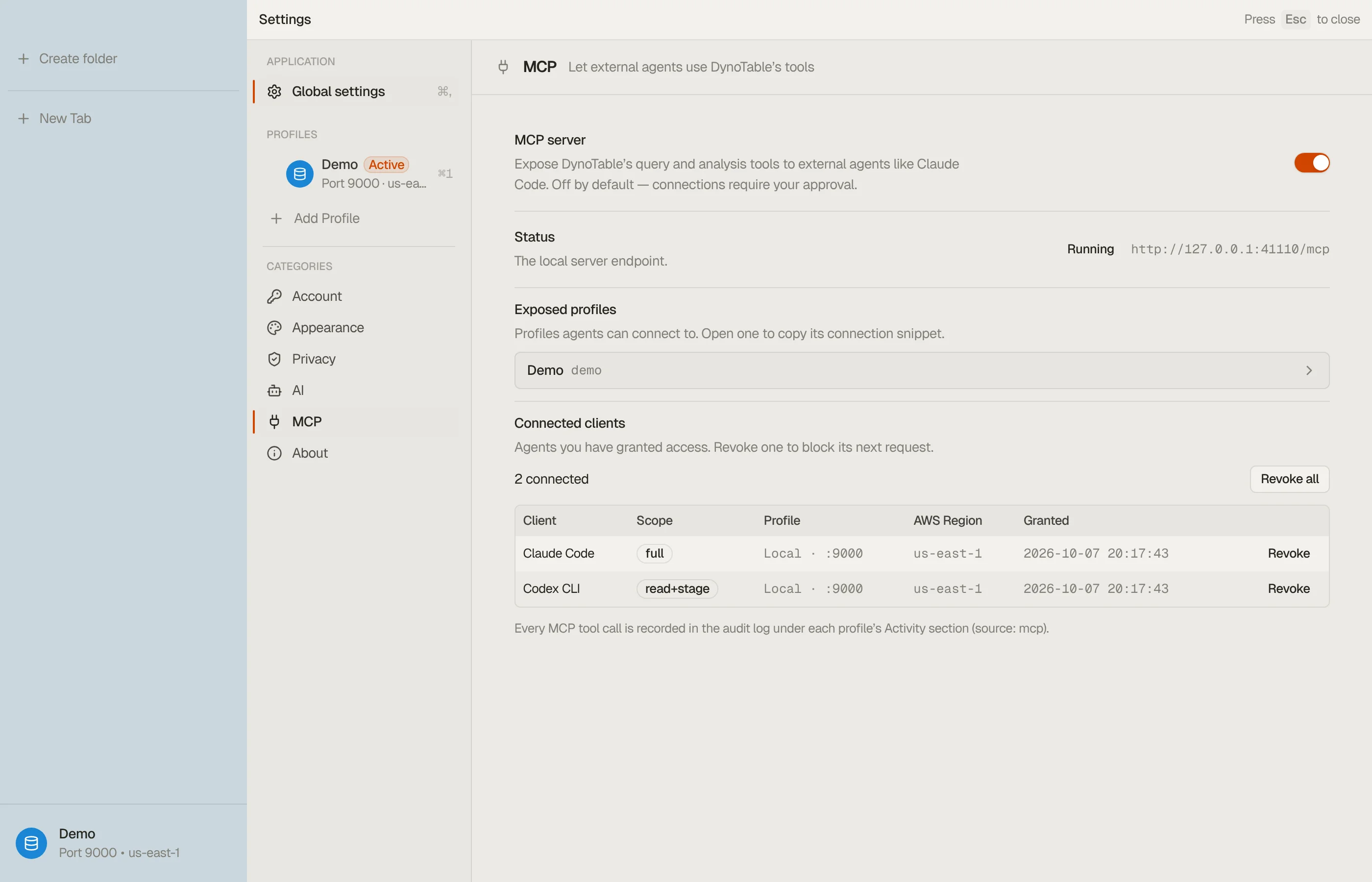 DynoTable's Settings → MCP pane: the DynamoDB MCP server running on a local loopback port, with the list of connected clients and their access levels.