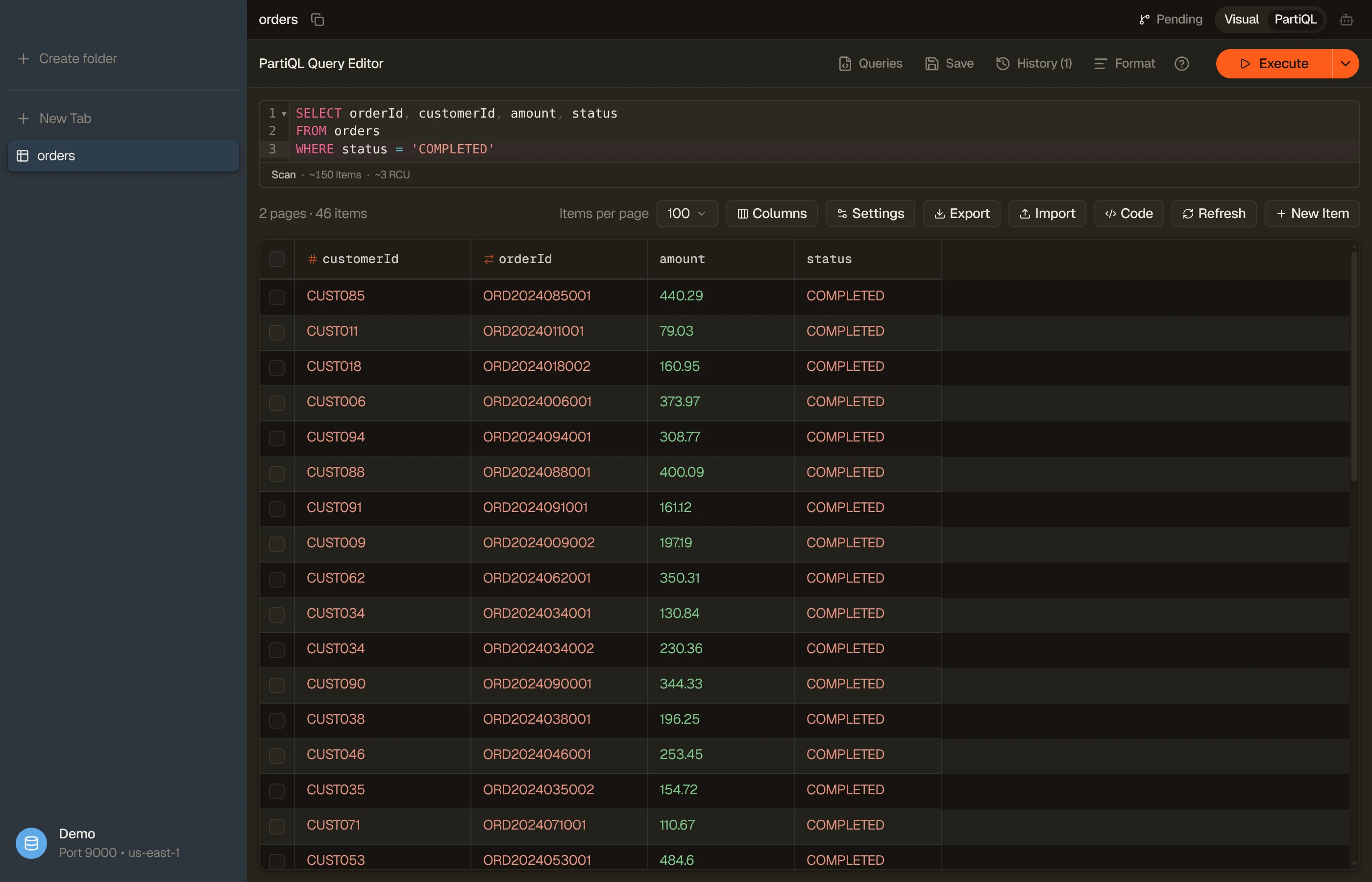 DynoTable's DynamoDB PartiQL editor: a SELECT statement, the templates menu, and streamed results below.