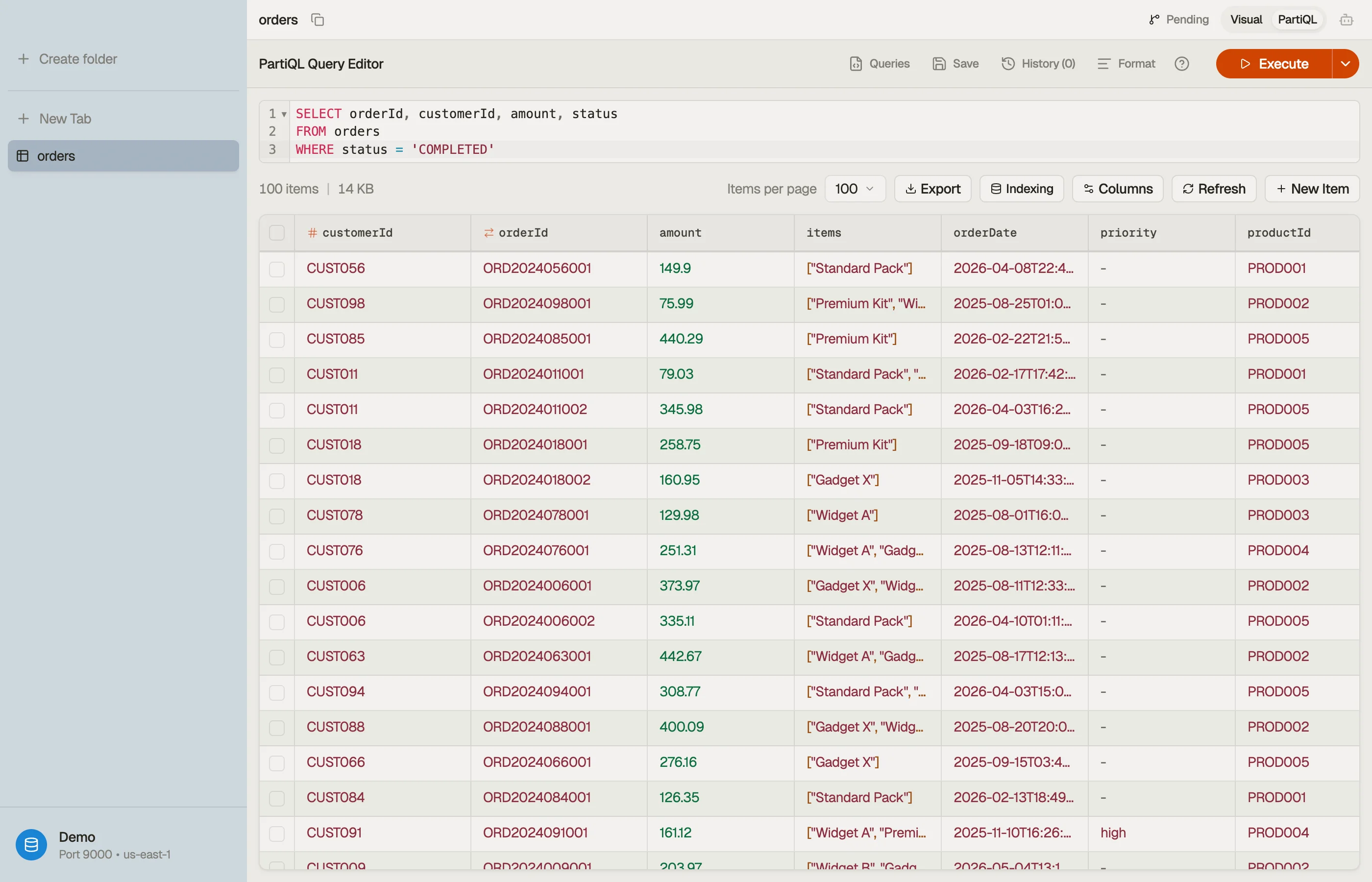 The PartiQL editor with a SELECT statement, the templates menu, and streamed results below.