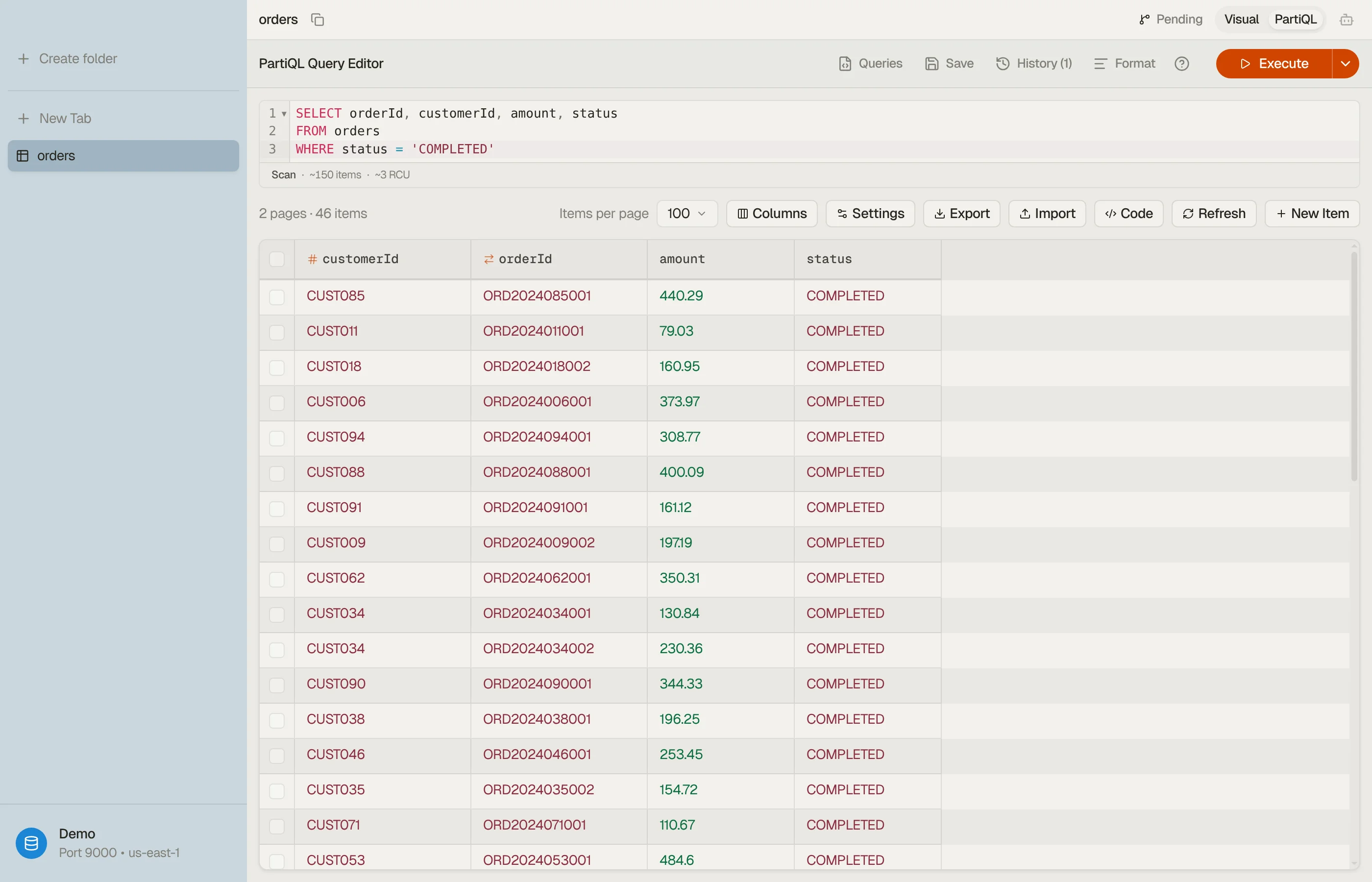 DynoTable's DynamoDB PartiQL editor: a SELECT statement, the templates menu, and streamed results below.
